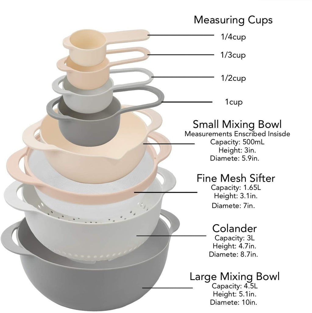 Cook with Color 8 Piece Nesting Bowls with Measuring Cups Colander and Sifter Set - 2 Mixing Bowls, 1 Colander, 1 Sifter and 4 Measuring Cups