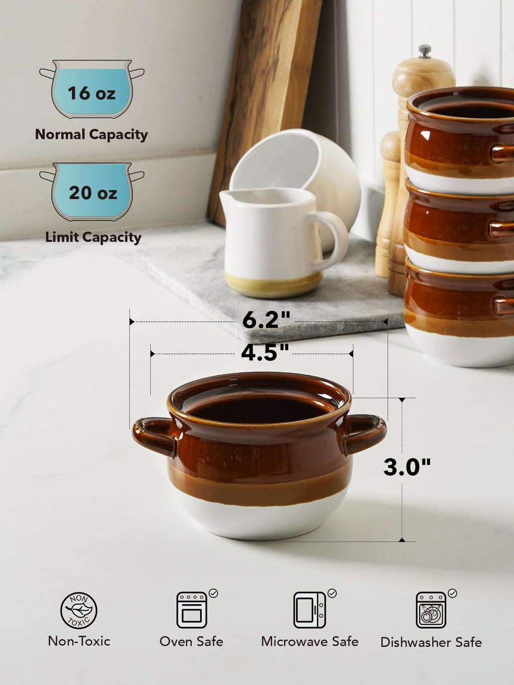 LE TAUCI 16 OZ Ceramic French Onion Soup Bowls with Handles, Set of 4 Soup Crock for Soup, Chili, Beef Stew, Cereal, Pot Pies Serving Bowls