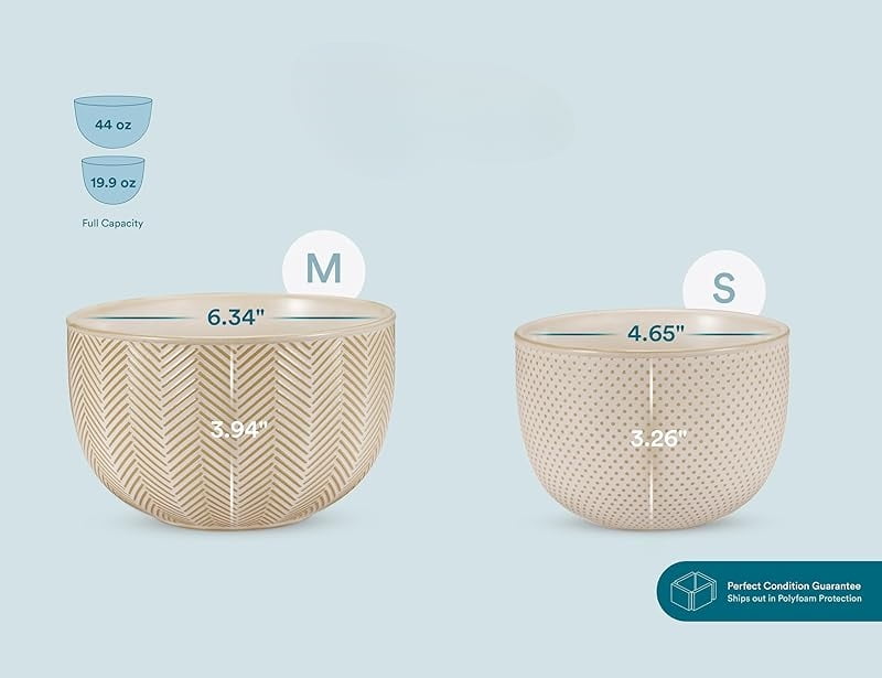 Ceramic Mixing Bowls, Nesting Set of 4, Embossed Kitchen Dishware, Prep, Serving, Gift, Microwave and Dishwasher Safe, 20/44/98/145 oz