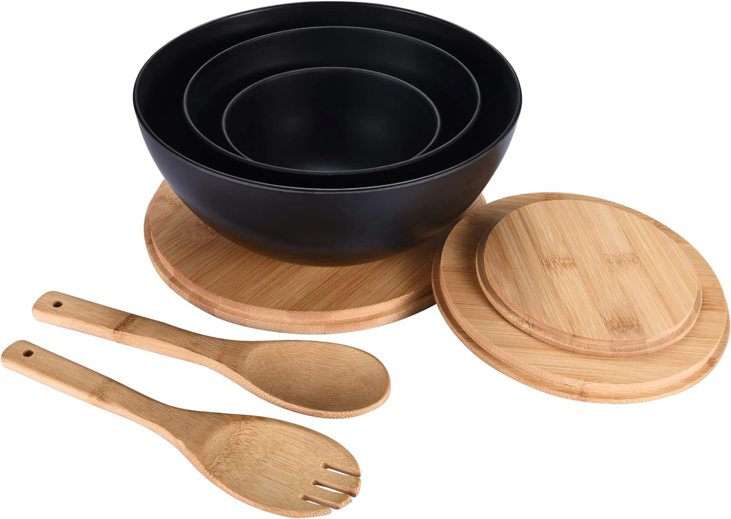 Vdomus Bamboo Fiber Salad Bowl Set with Wooden Lids - Perfect for Serving, Mixing, and Prepping Fruits, Pasta, Cheese, Ramen, Bread, and More!