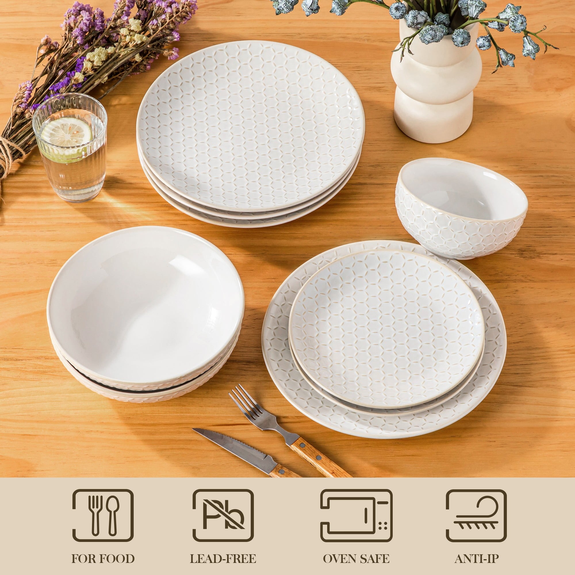 vancasso 16 Pieces Dinnerware Sets, Stoneware Plates and Bowls Set for 4, White Dish Set, Honeycomb Pattern
