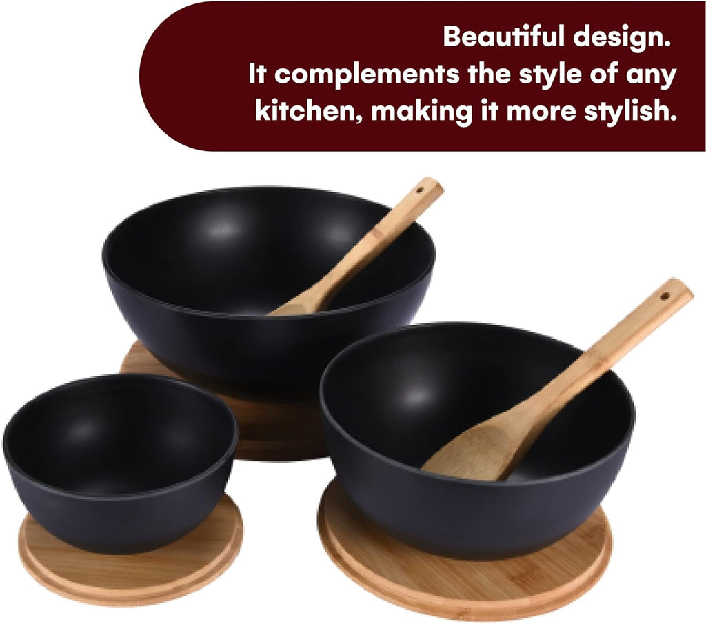 Vdomus Bamboo Fiber Salad Bowl Set with Wooden Lids - Perfect for Serving, Mixing, and Prepping Fruits, Pasta, Cheese, Ramen, Bread, and More!