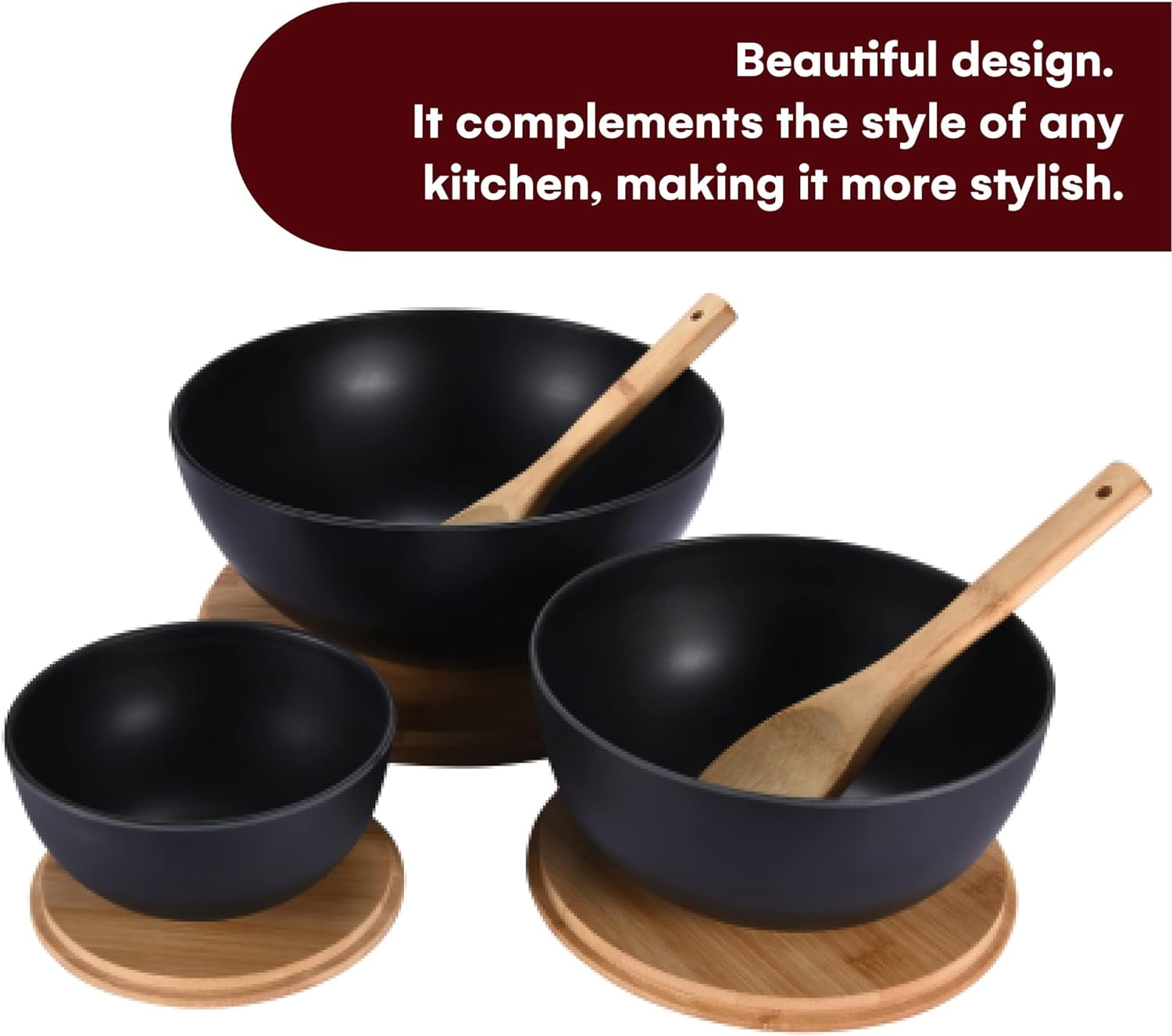 Vdomus Bamboo Fiber Salad Bowl Set with Wooden Lids - Perfect for Serving, Mixing, and Prepping Fruits, Pasta, Cheese, Ramen, Bread, and More!