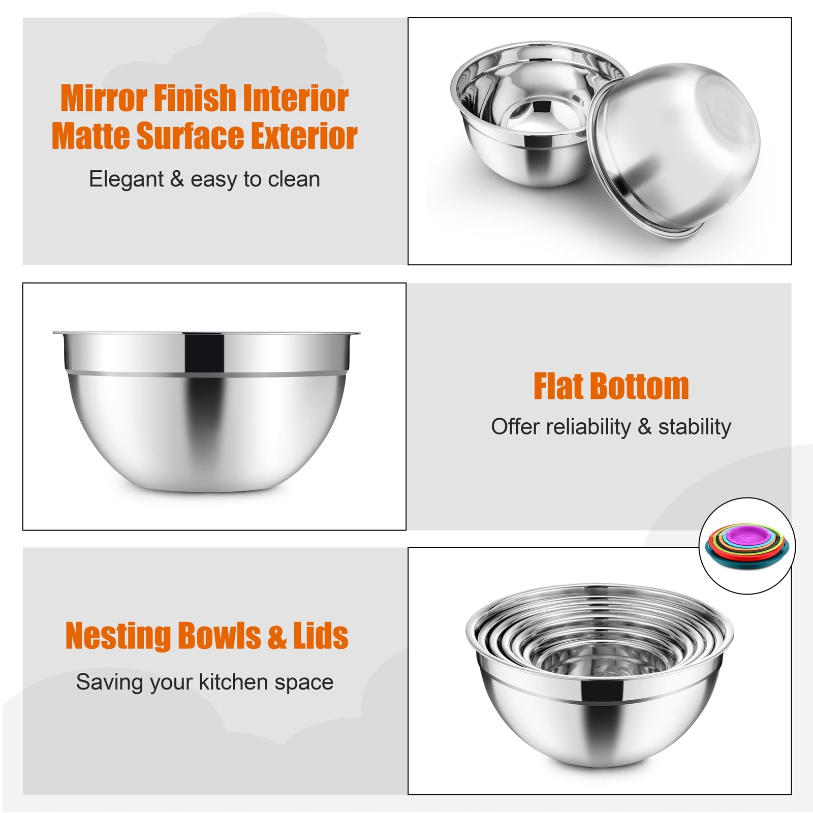 Vesteel 35PCS Mixing Bowls with Lids Set, Stainless Steel Nesting Salad Prep Bowls Attach with 3 Graters & Kitchen Utensils for Mixing Serving Grating, Size 4.5/3.5/3/2.5/1.5/1.2/0.7 QT, Multi-color