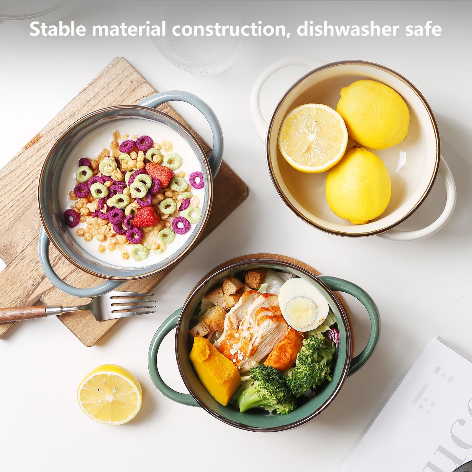 ALOFMO 28 oz Ceramic Stoneware Soup Bowl Set of 4 with Handle for Kitchen & Restaurant, 4 Pieces Ceramic Bowls Set, Oven Safe, Microwave Dishwasher Safe