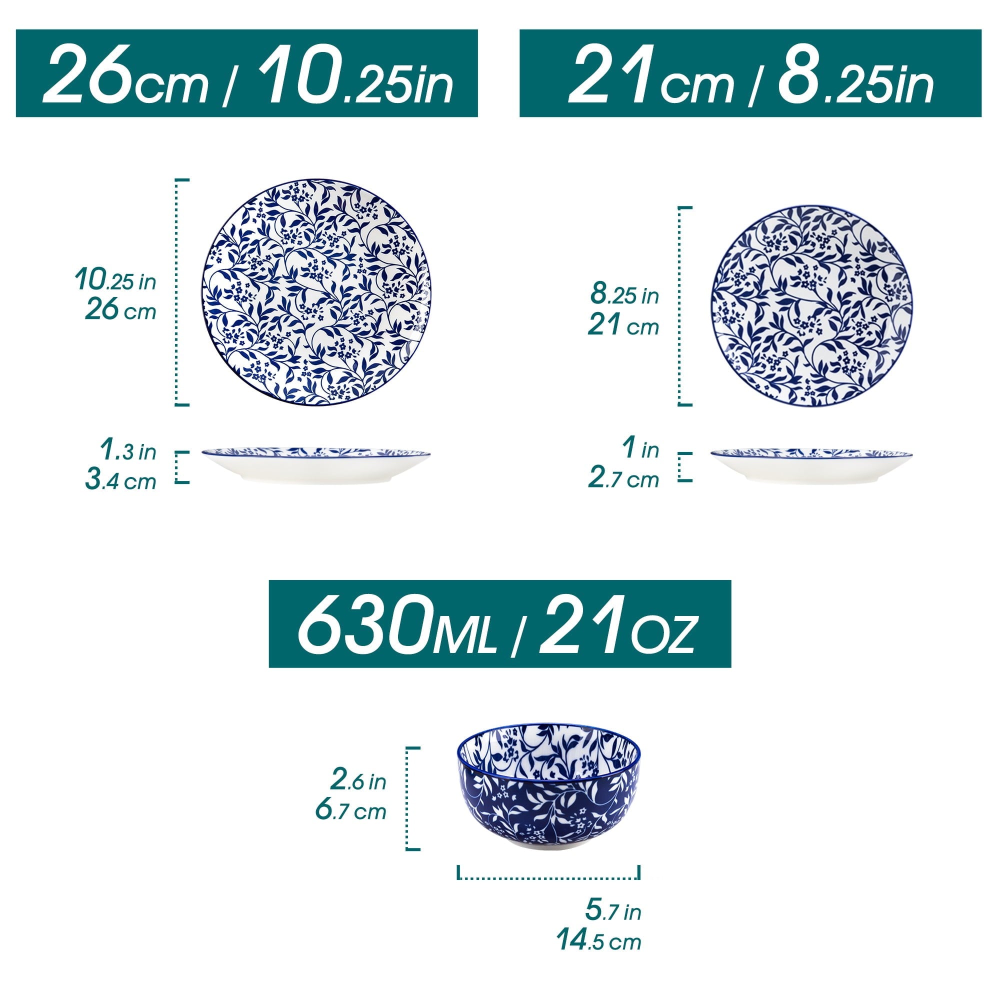 MALACASA 12 Pieces Dinnerware Sets, Porcelain Plates and Bowls Set for 4, Blue and White Porcelain Dish Set, Wild Vine Pattern