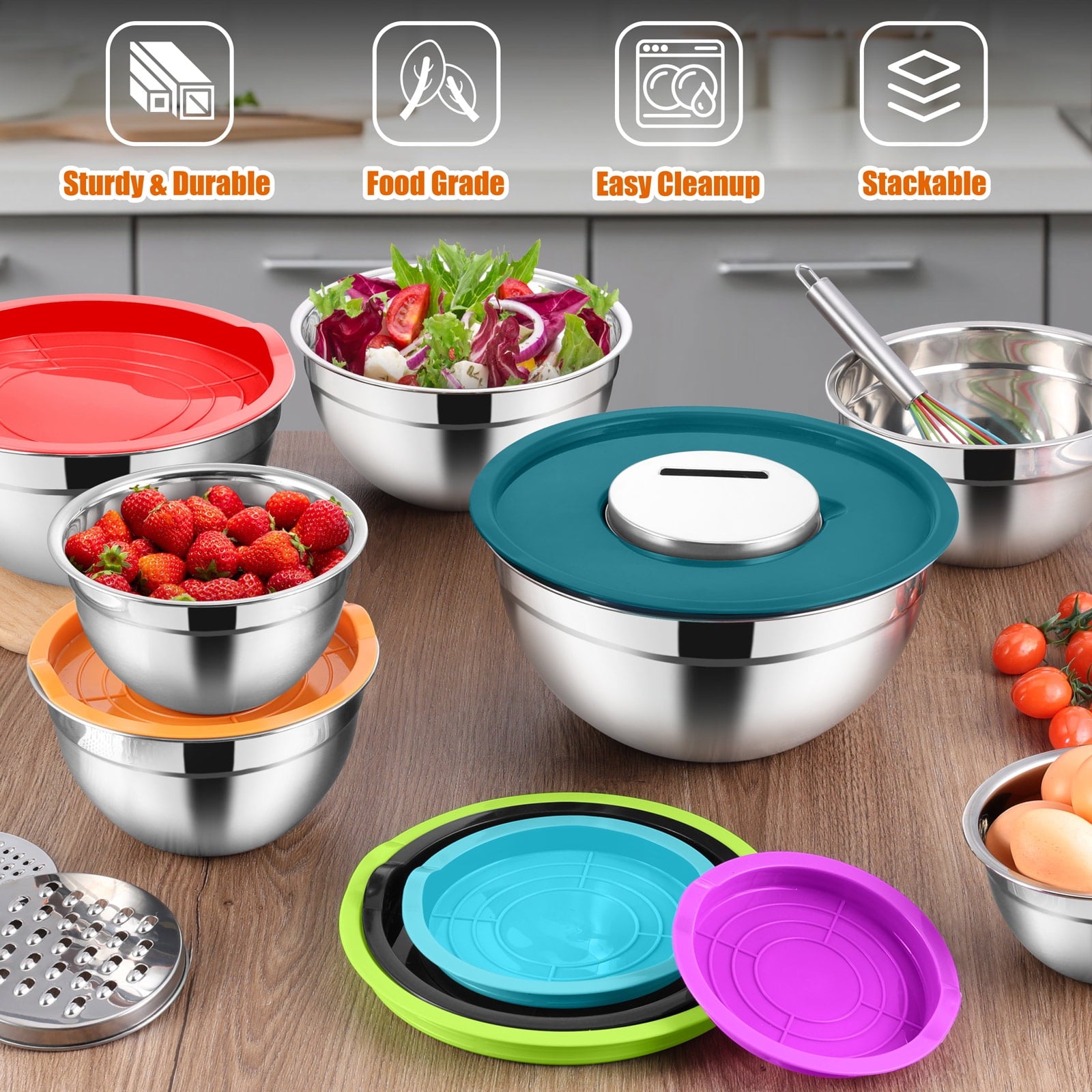 Vesteel 35PCS Mixing Bowls with Lids Set, Stainless Steel Nesting Salad Prep Bowls Attach with 3 Graters & Kitchen Utensils for Mixing Serving Grating, Size 4.5/3.5/3/2.5/1.5/1.2/0.7 QT, Multi-color