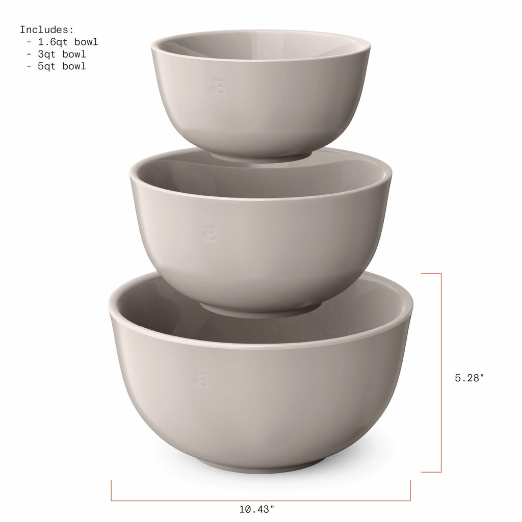Beautiful 3-Piece Stoneware Nesting Mixing Bowl Set, Porcini Taupe by Drew Barrymore