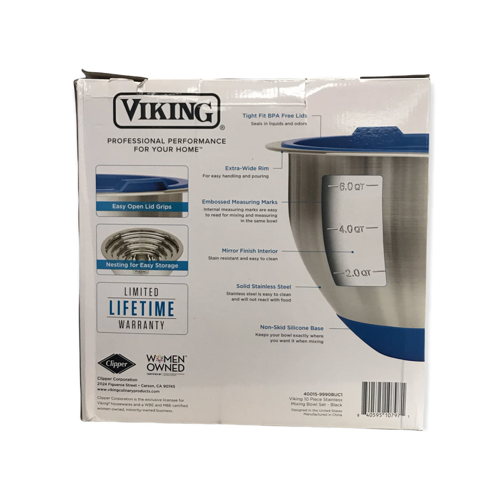 Viking 10-Piece Stainless Steel Mixing, Prep and Serving Bowl Set - Blue
