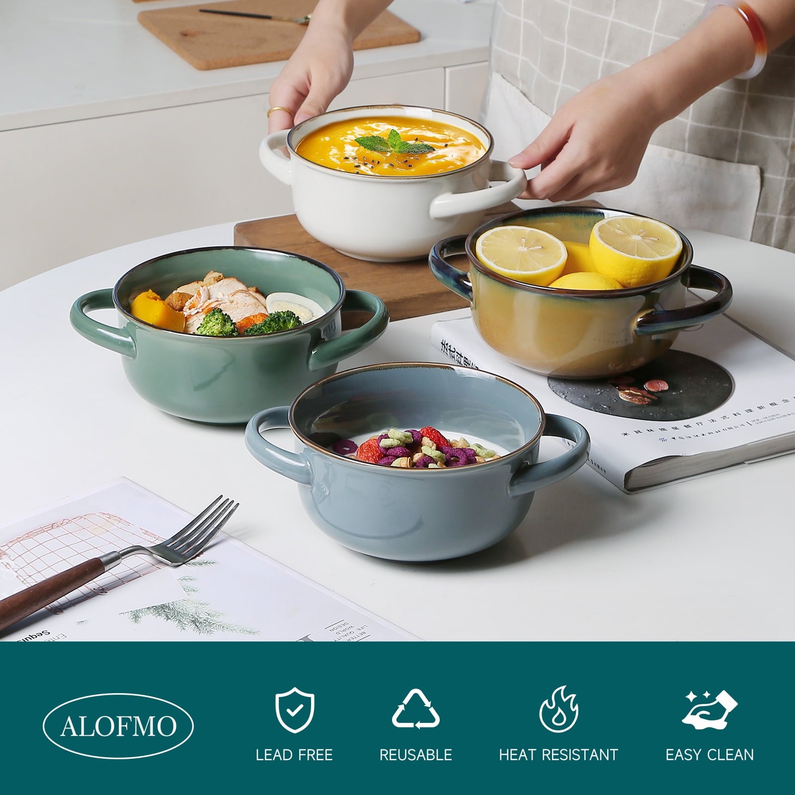 ALOFMO 28 oz Ceramic Stoneware Soup Bowl Set of 4 with Handle for Kitchen & Restaurant, 4 Pieces Ceramic Bowls Set, Oven Safe, Microwave Dishwasher Safe