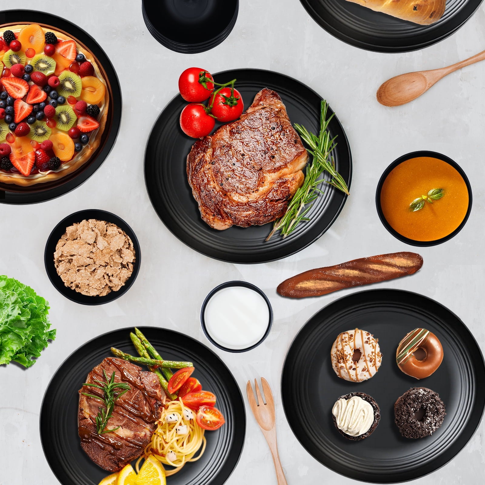 Soulgenix Wheat Straw Dinnerware Sets 32 Pcs, Dinnerware Sets for 8, Unbreakable Microwave Safe, Black