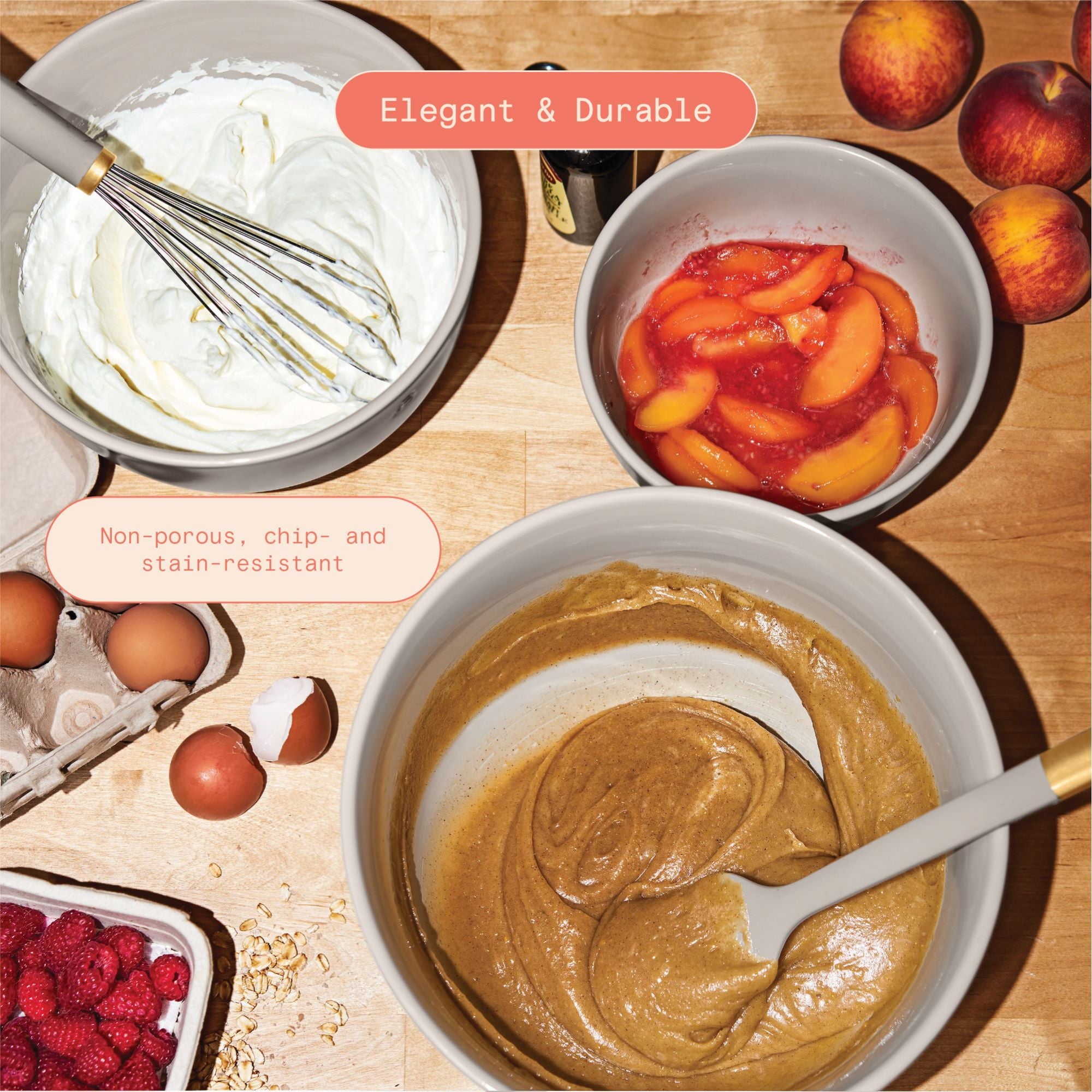 Beautiful 3-Piece Stoneware Nesting Mixing Bowl Set, Porcini Taupe by Drew Barrymore