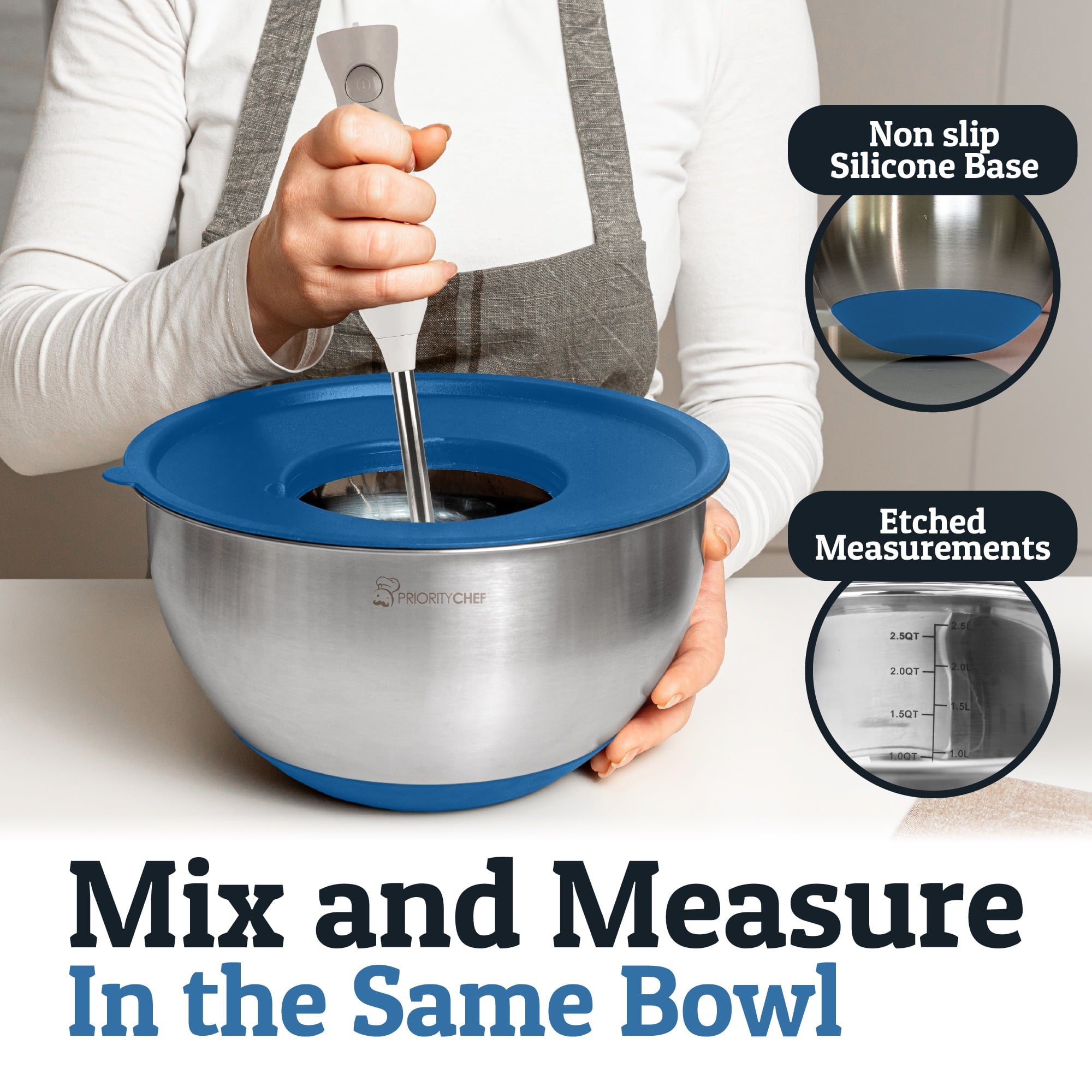 Priority Chef Stainless Steel Mixing Bowls with Lids Set, 3 Grater Attachments Mixing Bowls, Blue