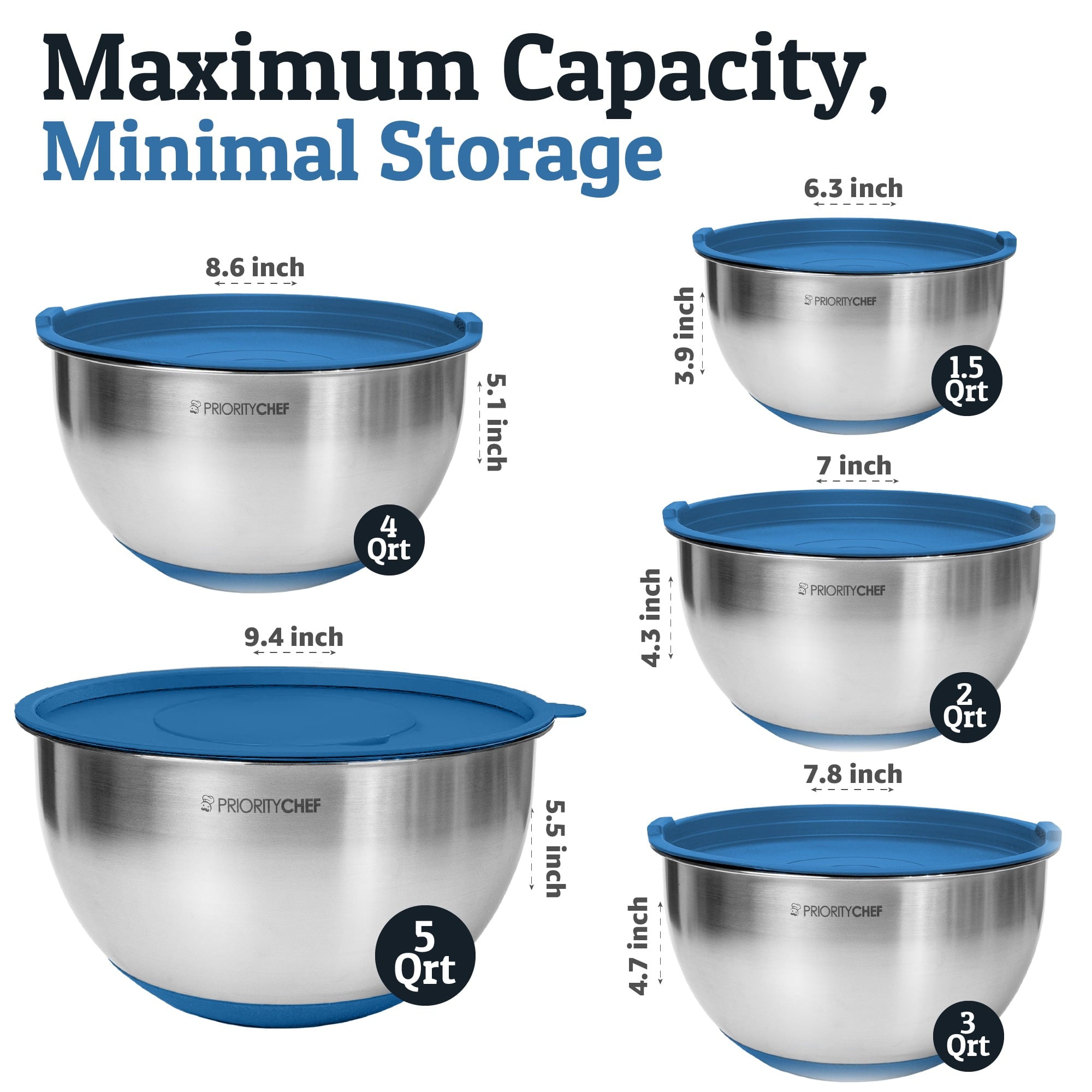 Priority Chef Stainless Steel Mixing Bowls with Lids Set, 3 Grater Attachments Mixing Bowls, Blue