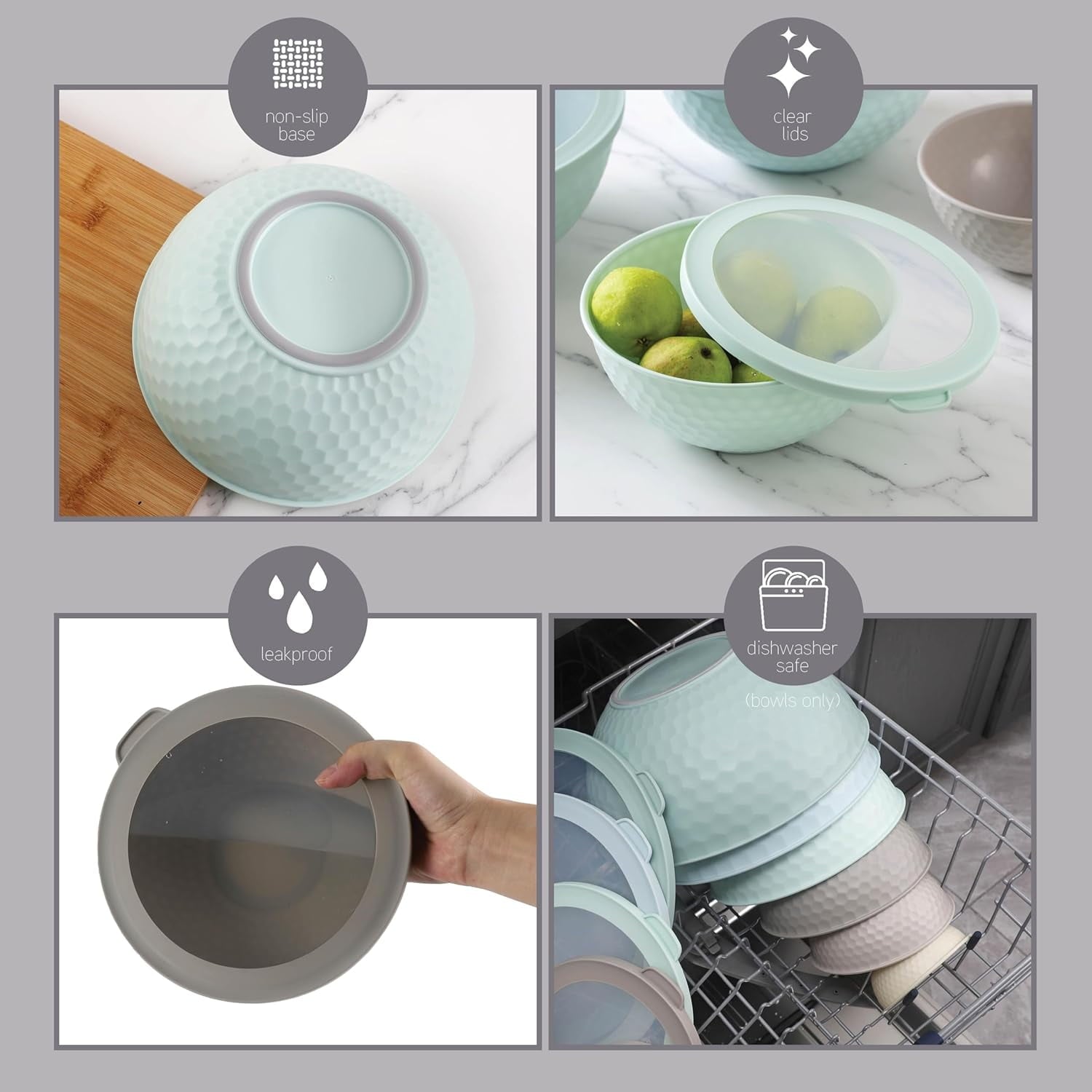 COOK WITH COLOR 12-Pc Mixing Bowls with Lids Set Plastic Bowls for Kitchen, Mint Embossed