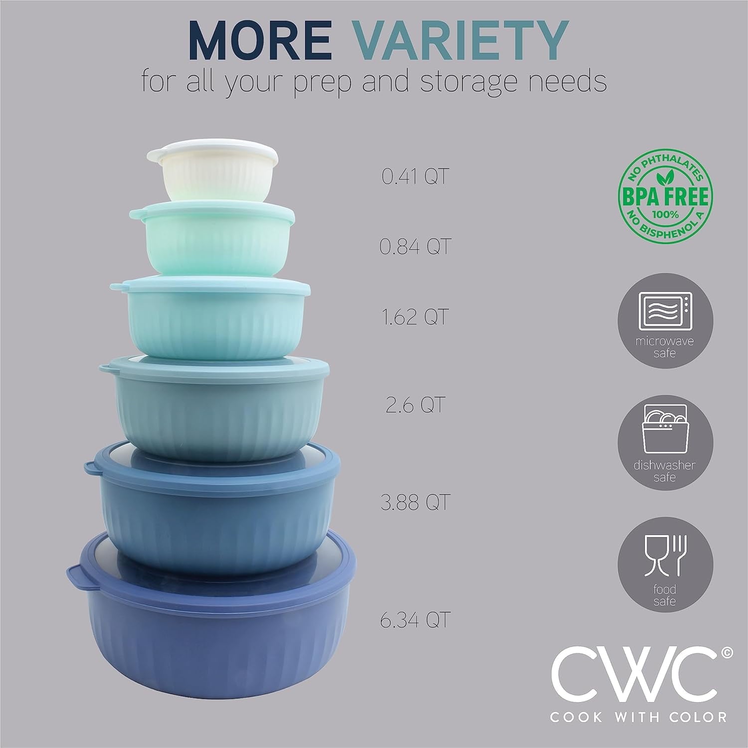 COOK WITH COLOR Meal Prep Containers Wide Mixing Bowls Food Storage Containers with Lids, Blue 12 Pcs