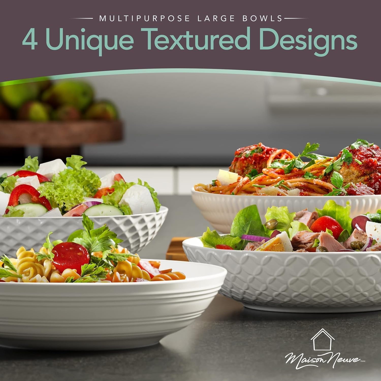 Maison Neuve 4-Piece Textured Porcelain Dinner Bowls Set for Pasta and Soup, 34 oz, 8.5”, White