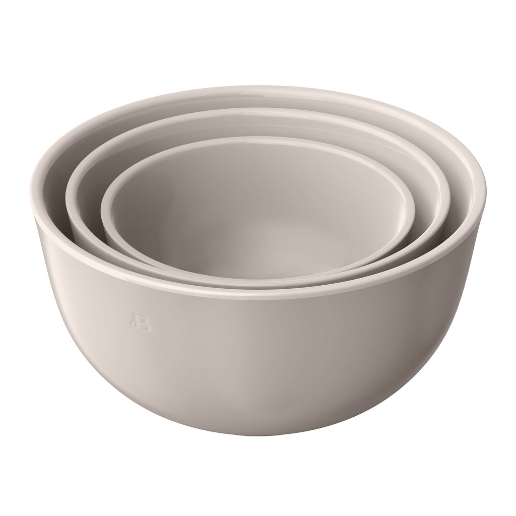 Beautiful 3-Piece Stoneware Nesting Mixing Bowl Set, Porcini Taupe by Drew Barrymore