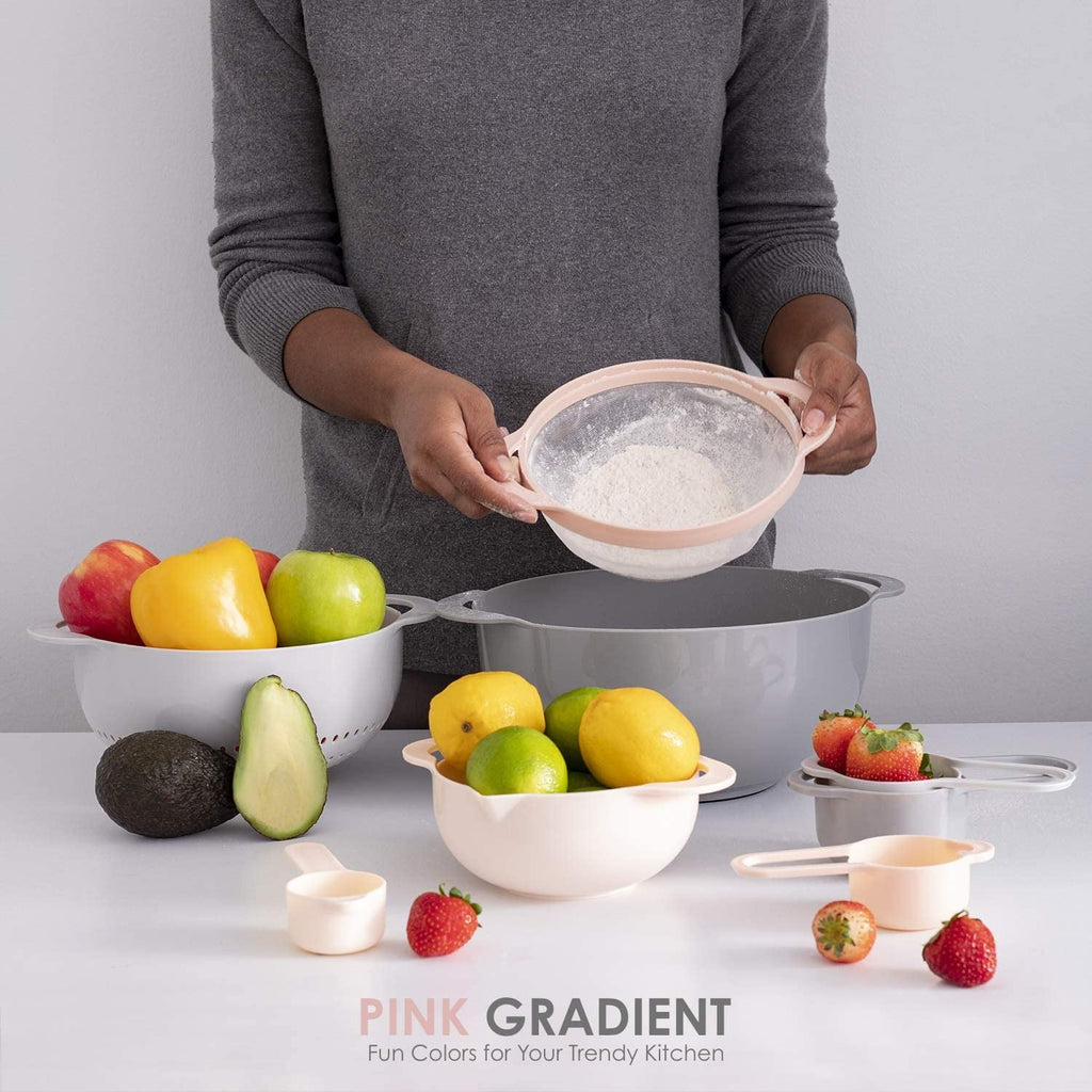 Cook with Color 8 Piece Nesting Bowls with Measuring Cups Colander and Sifter Set - 2 Mixing Bowls, 1 Colander, 1 Sifter and 4 Measuring Cups