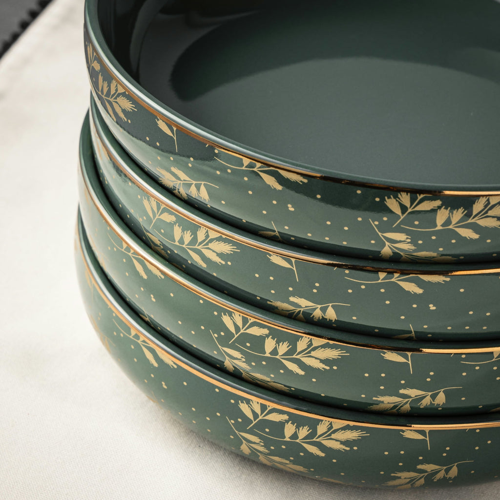 Thyme & Table Holiday Leaves 4-Pack Ceramic Low Bowl Set - Green