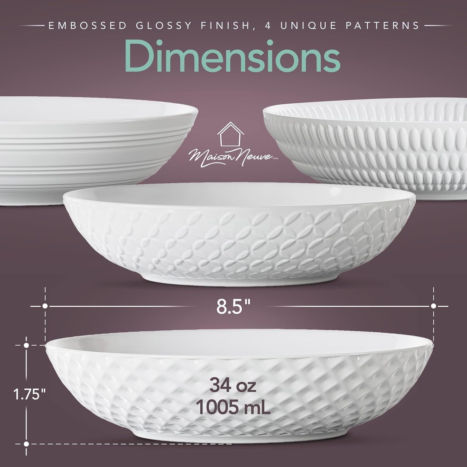 Maison Neuve 4-Piece Textured Porcelain Dinner Bowls Set for Pasta and Soup, 34 oz, 8.5”, White
