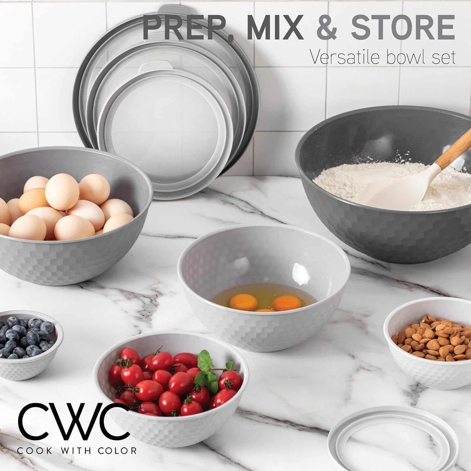 COOK WITH COLOR 12-Pc Mixing Bowls with Lids Set Plastic Bowls for Kitchen, Gray Embossed