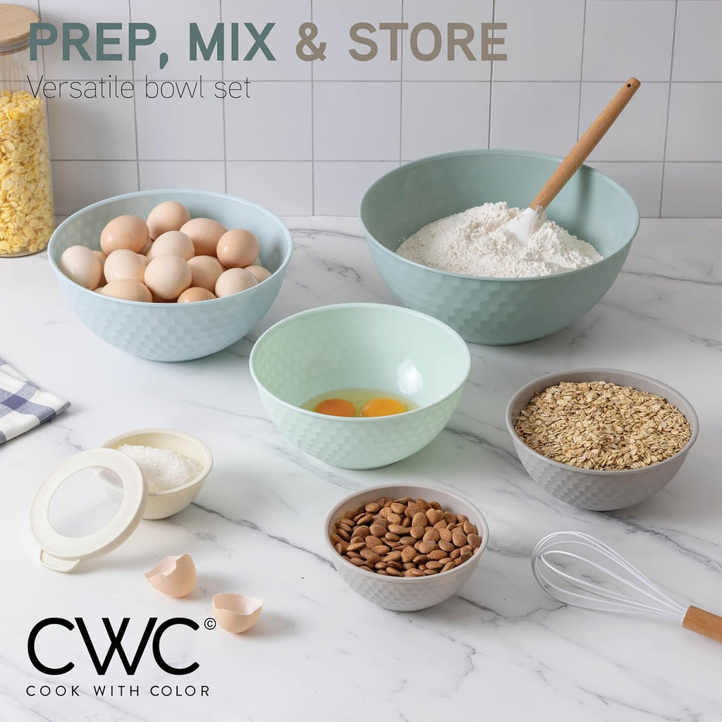 COOK WITH COLOR 12-Pc Mixing Bowls with Lids Set Plastic Bowls for Kitchen, Mint Embossed