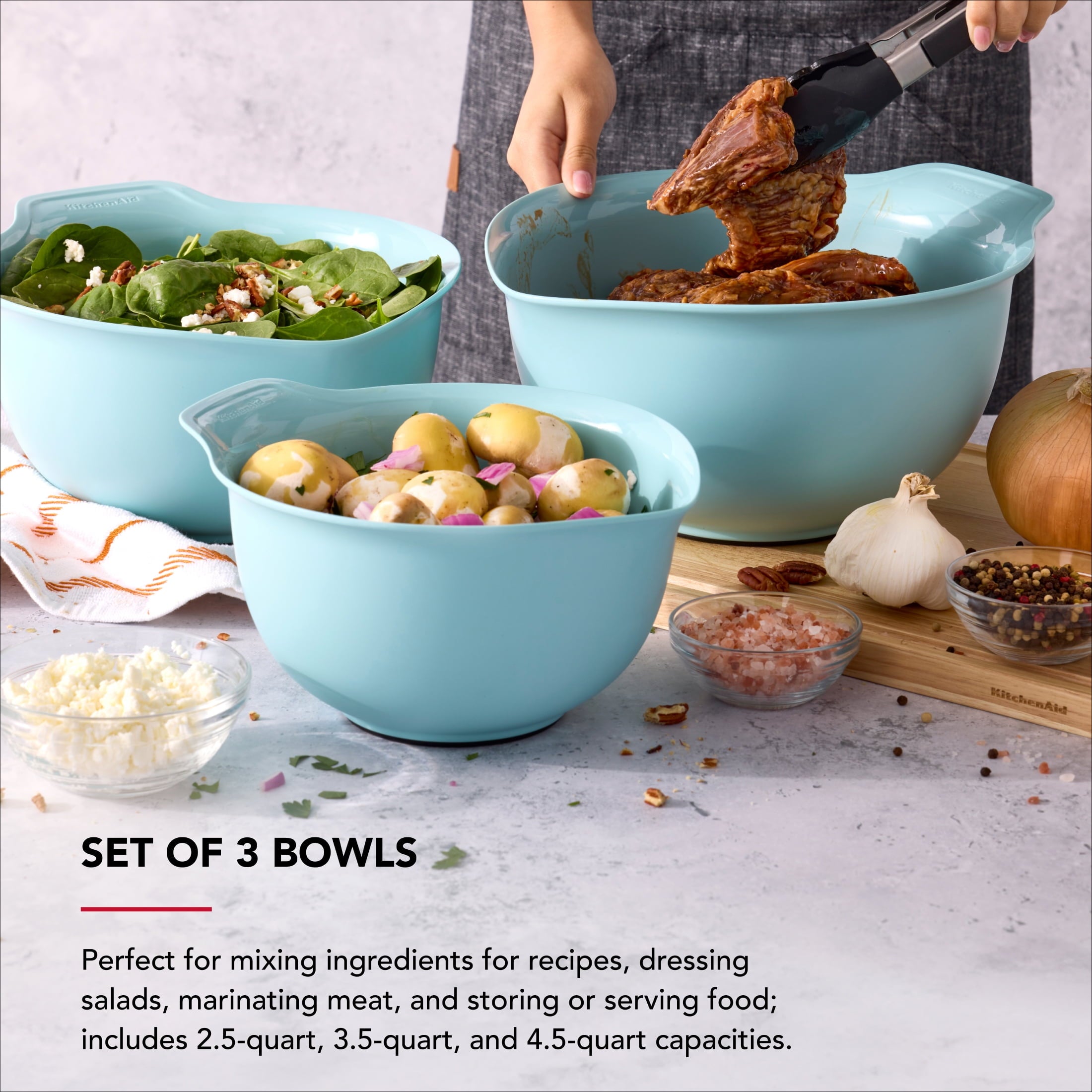 KitchenAid 7-Piece Plastic Nesting Mixing Bowl Set and Prep Bowls with Lids, Mineral Water