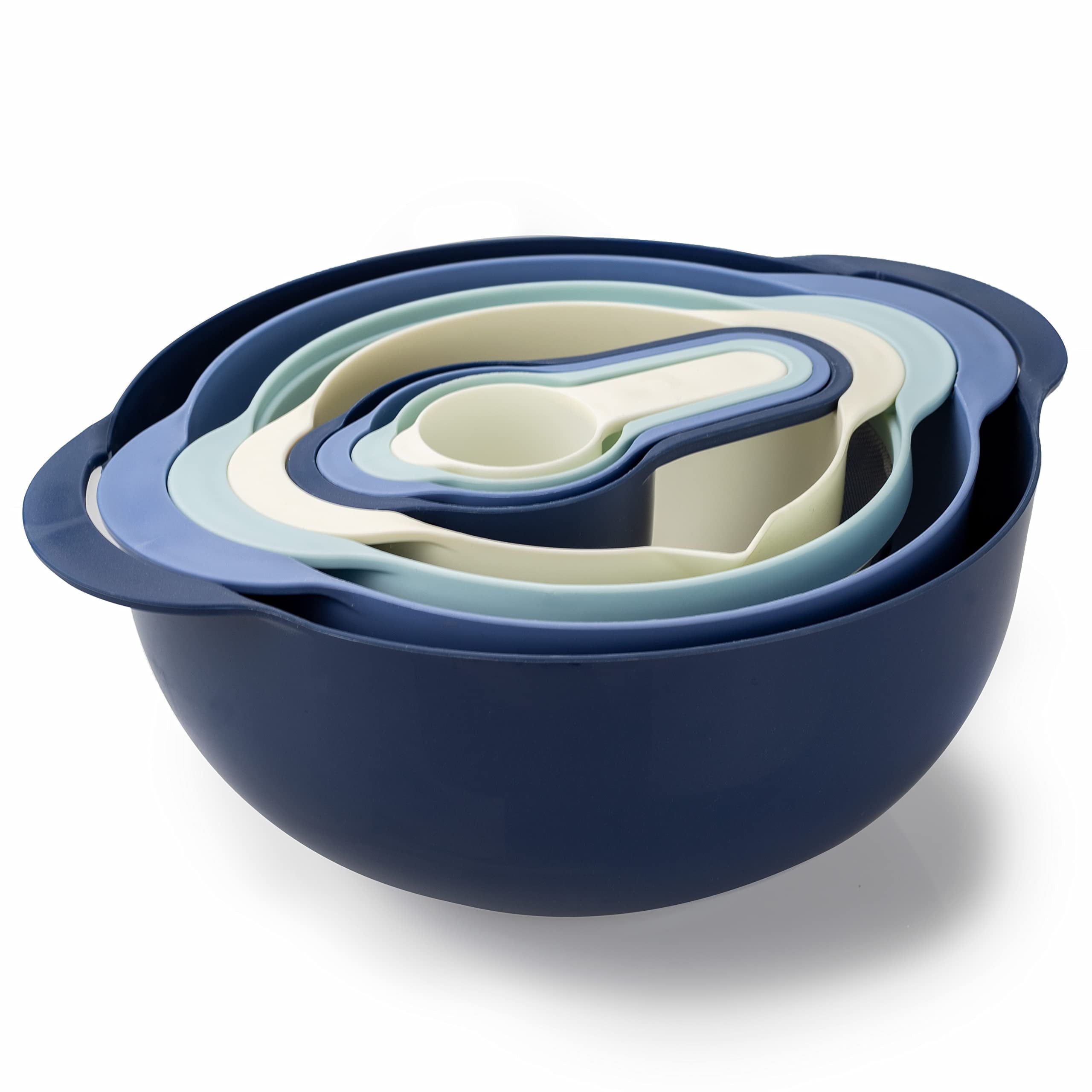 Cook with Color 8 Piece Nesting Bowls with Measuring Cups Colander and Sifter Set - 2 Mixing Bowls, 1 Colander, 1 Sifter and 4 Measuring Cups