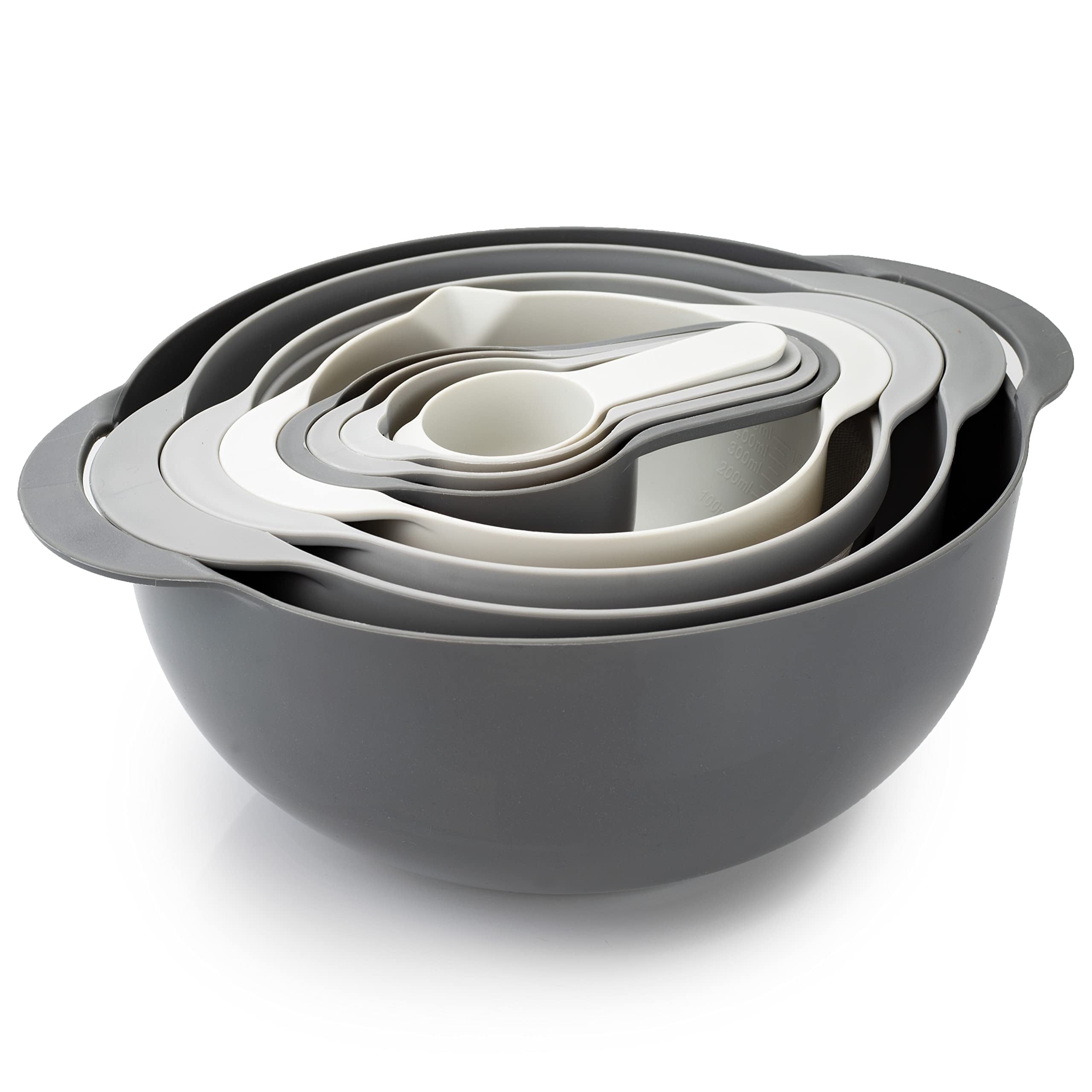 Cook with Color 8 Piece Nesting Bowls with Measuring Cups Colander and Sifter Set - 2 Mixing Bowls, 1 Colander, 1 Sifter and 4 Measuring Cups
