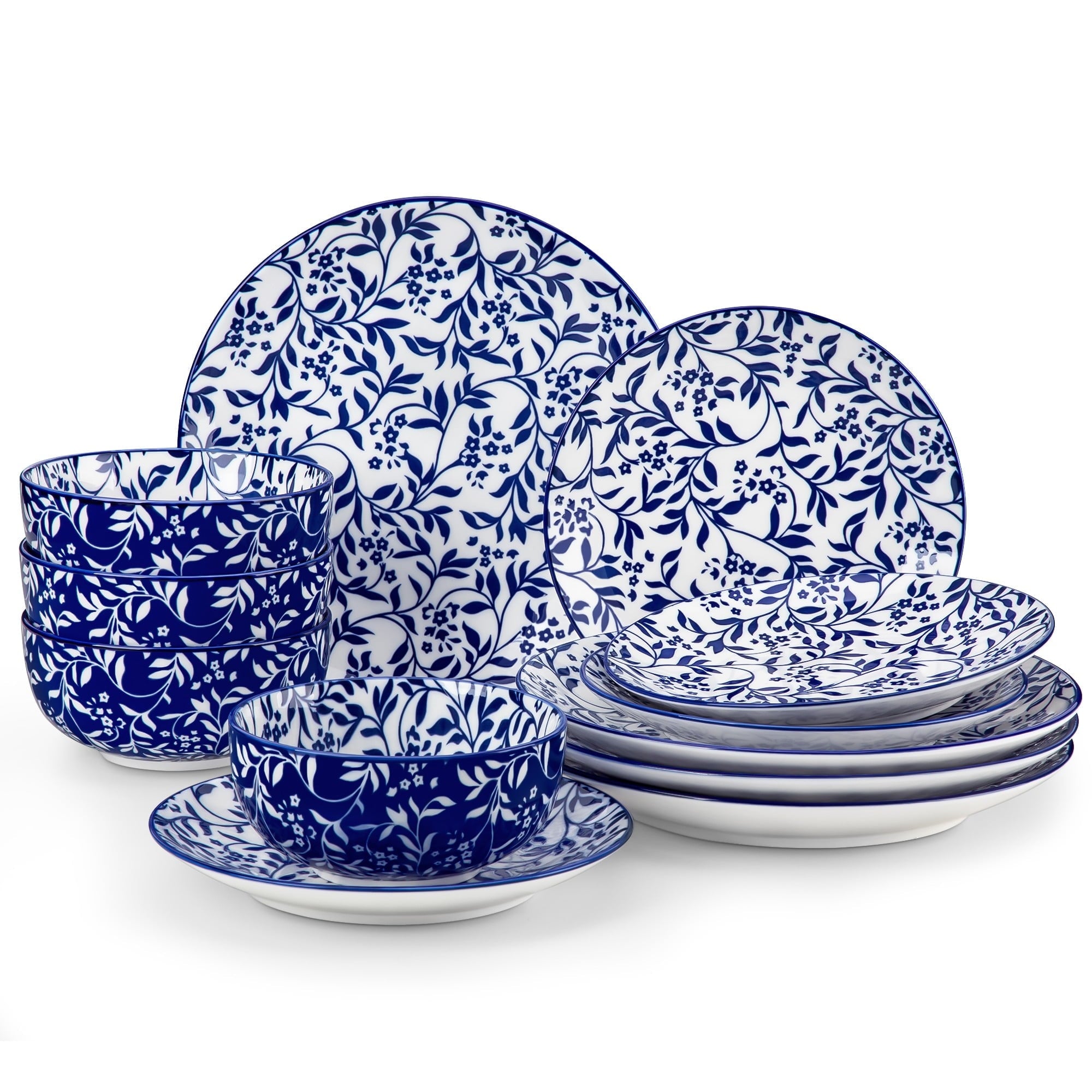 MALACASA 12 Pieces Dinnerware Sets, Porcelain Plates and Bowls Set for 4, Blue and White Porcelain Dish Set, Wild Vine Pattern