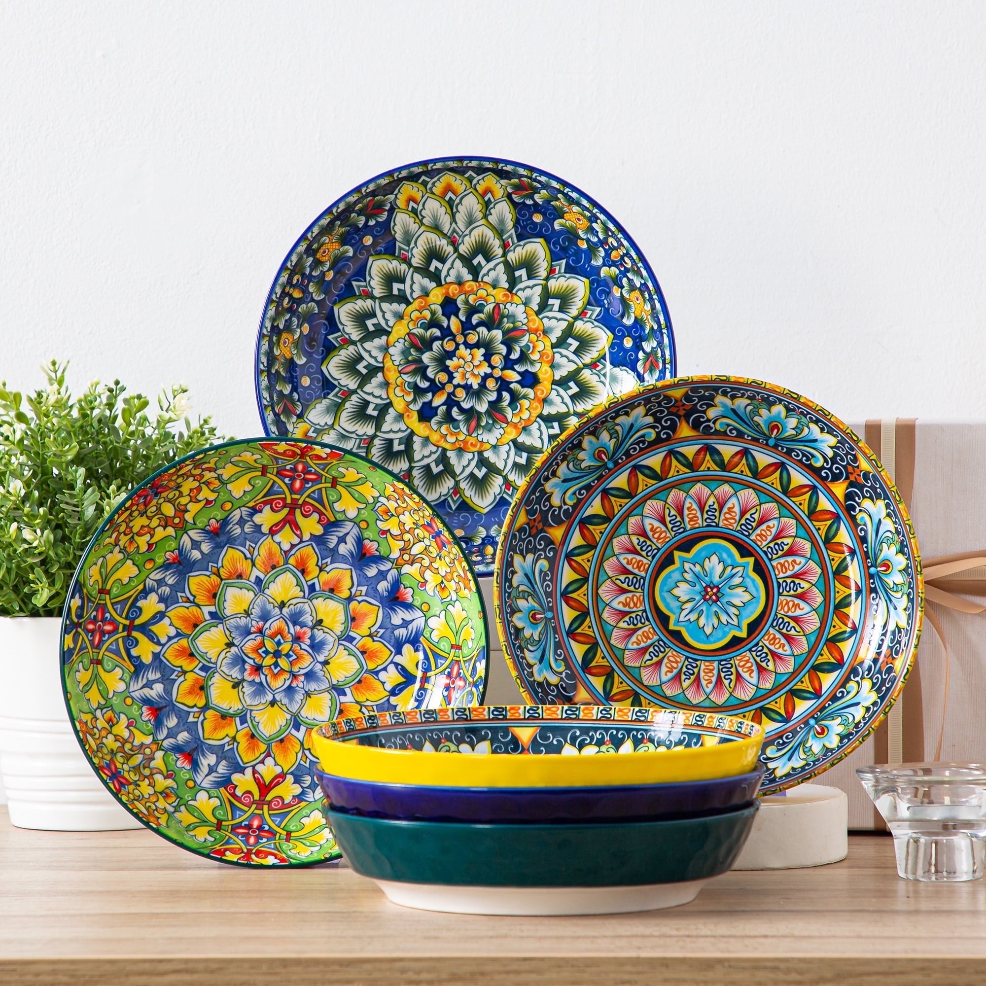 Malacasa 32oz Pasta Bowls, Porcelain Salad Bowls Set of 6, Dishwasher and Microwave Safe, Bohemian Color A