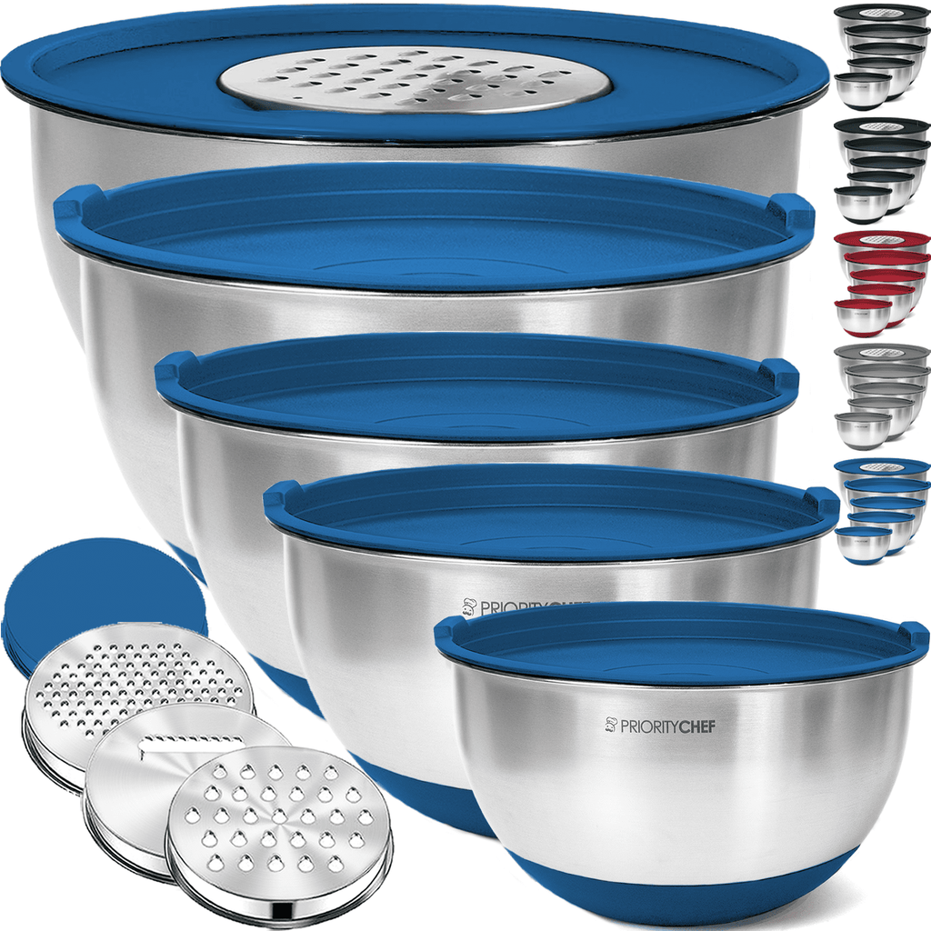 Priority Chef Stainless Steel Mixing Bowls with Lids Set, 3 Grater Attachments Mixing Bowls, Blue