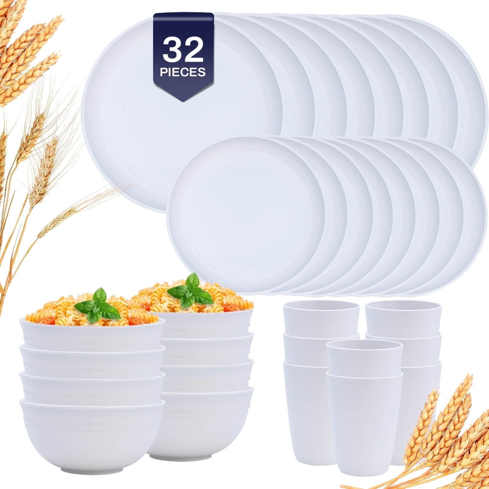 Soulgenix Wheat Straw Dinnerware Sets 32 Pcs, Dinnerware Sets for 8, Unbreakable Microwave Safe, Black