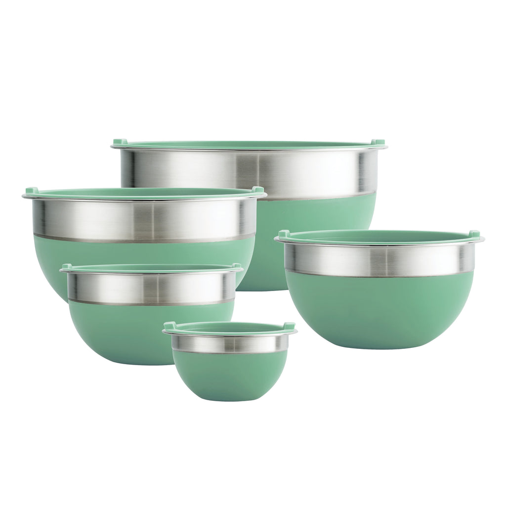 Tramontina 10-Piece Stainless Steel Mixing Bowl Set with Lid, High Wall with Mint Green Silicone Sides, Dishwasher Safe