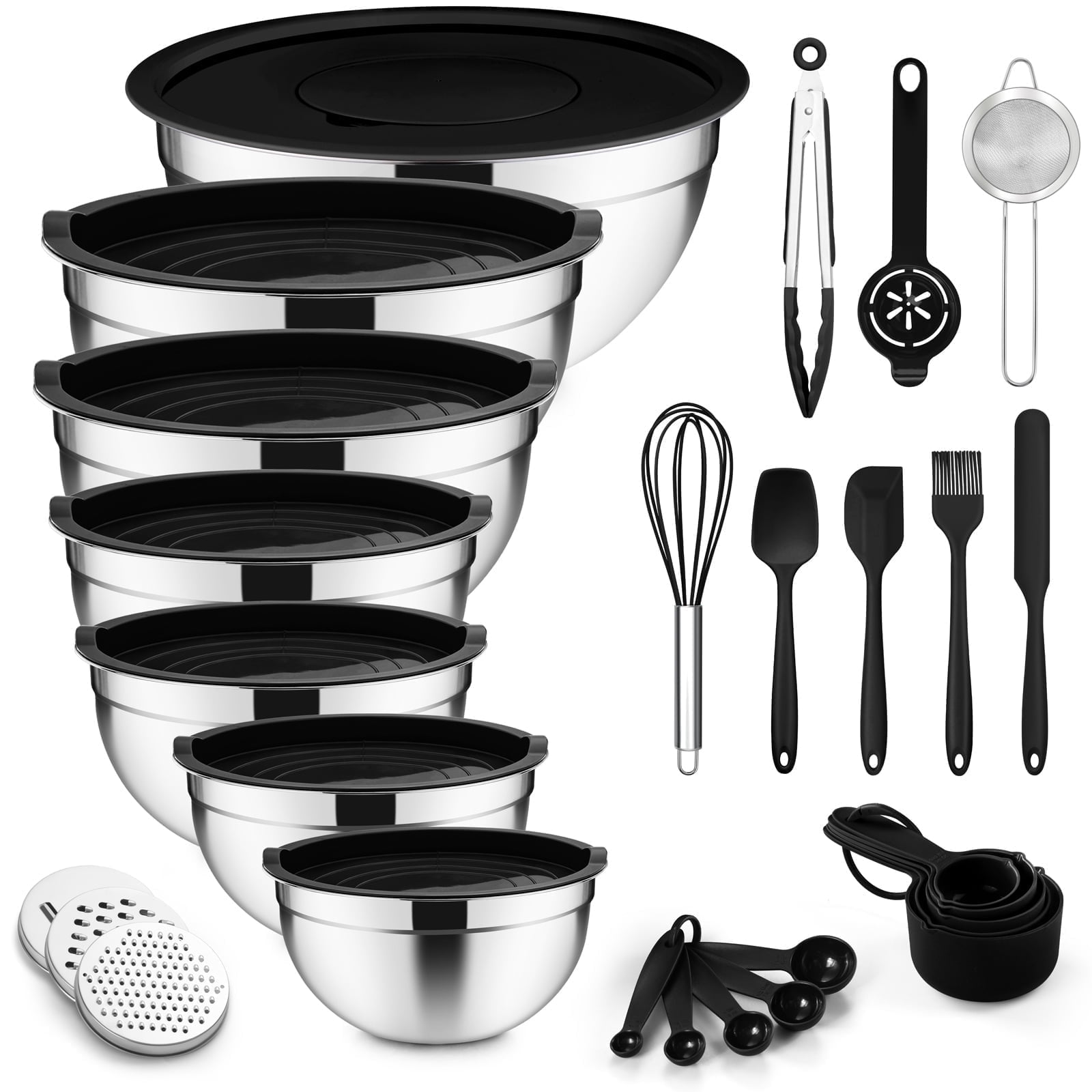 Vesteel 35PCS Mixing Bowls with Lids Set, Stainless Steel Nesting Salad Prep Bowls Attach with 3 Graters & Kitchen Utensils for Mixing Serving Grating, Size 4.5/3.5/3/2.5/1.5/1.2/0.7 QT, Multi-color