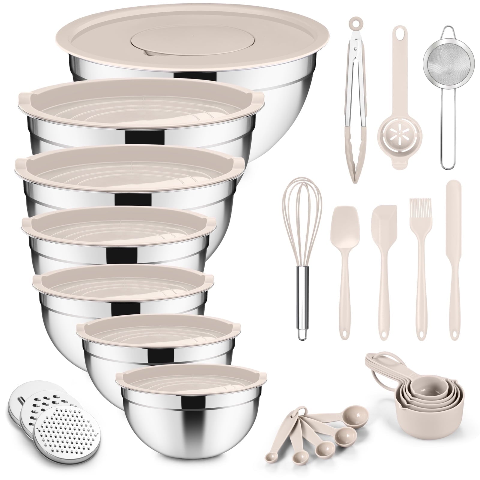 Vesteel 35PCS Mixing Bowls with Lids Set, Stainless Steel Nesting Salad Prep Bowls Attach with 3 Graters & Kitchen Utensils for Mixing Serving Grating, Size 4.5/3.5/3/2.5/1.5/1.2/0.7 QT, Multi-color