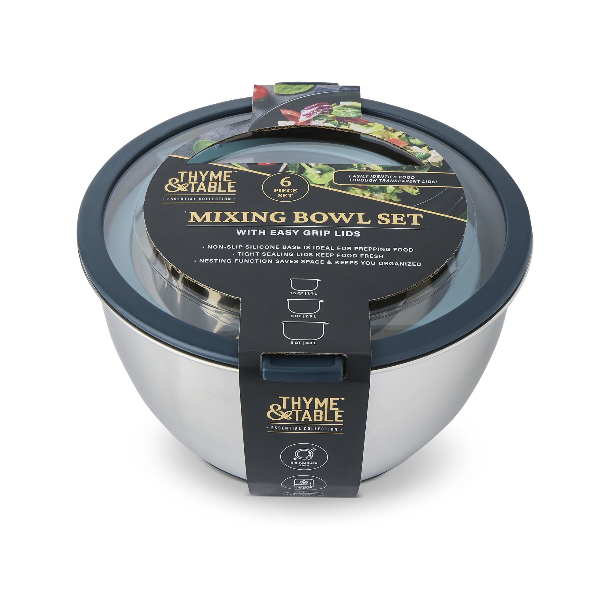 Thyme & Table 6-Piece Nesting Mixing Bowl Set with Easy Grip Transparent Lids - Blue