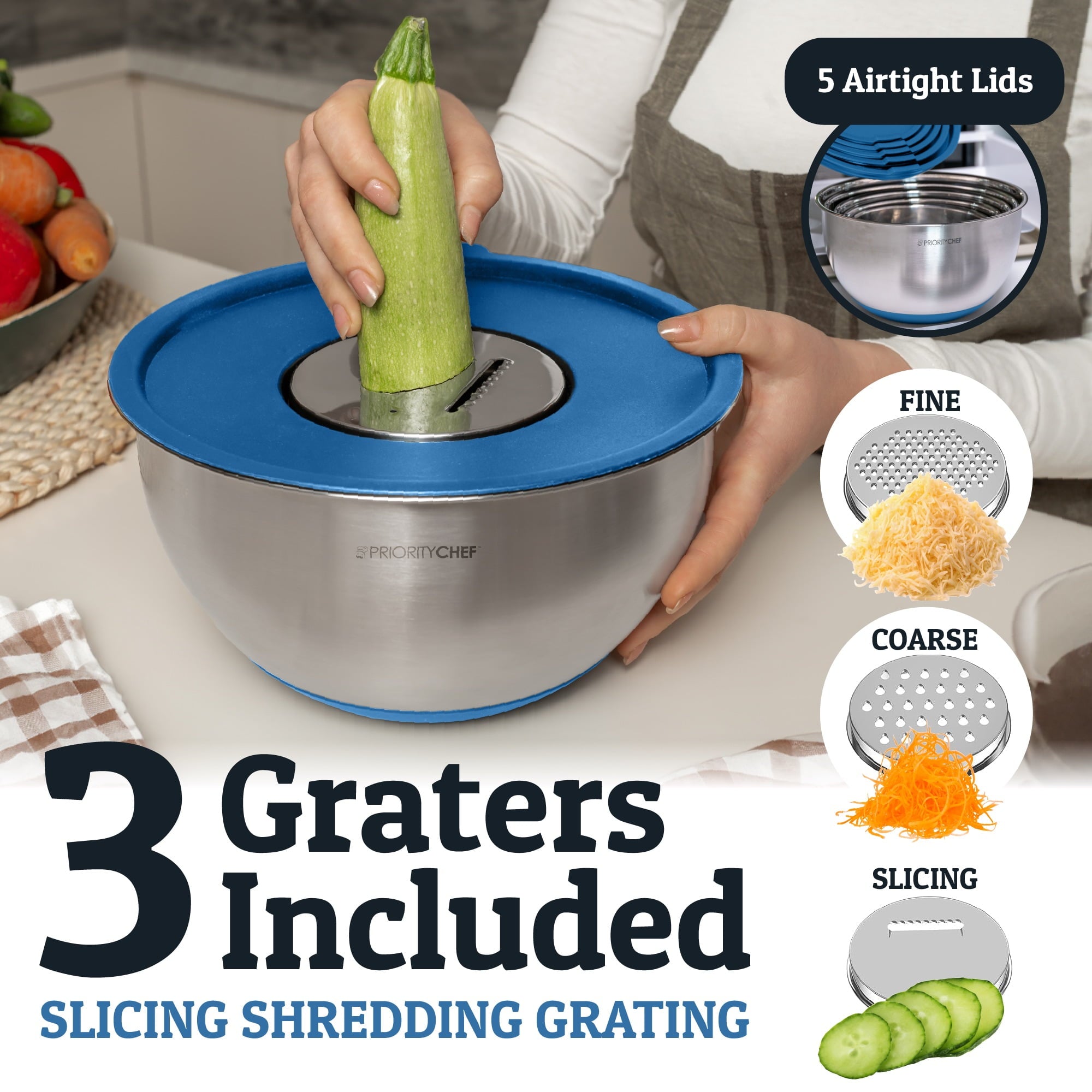 Priority Chef Stainless Steel Mixing Bowls with Lids Set, 3 Grater Attachments Mixing Bowls, Blue