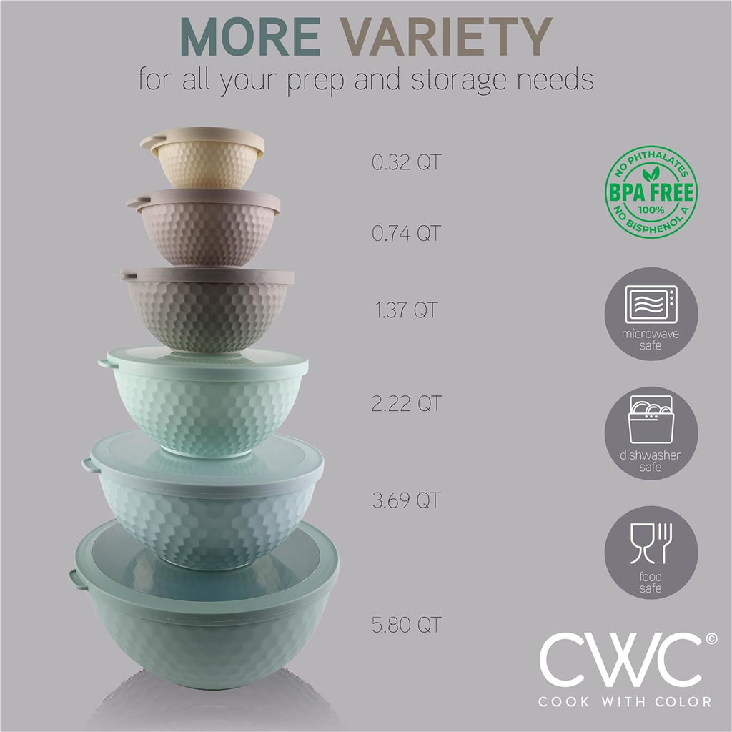 COOK WITH COLOR 12-Pc Mixing Bowls with Lids Set Plastic Bowls for Kitchen, Mint Embossed