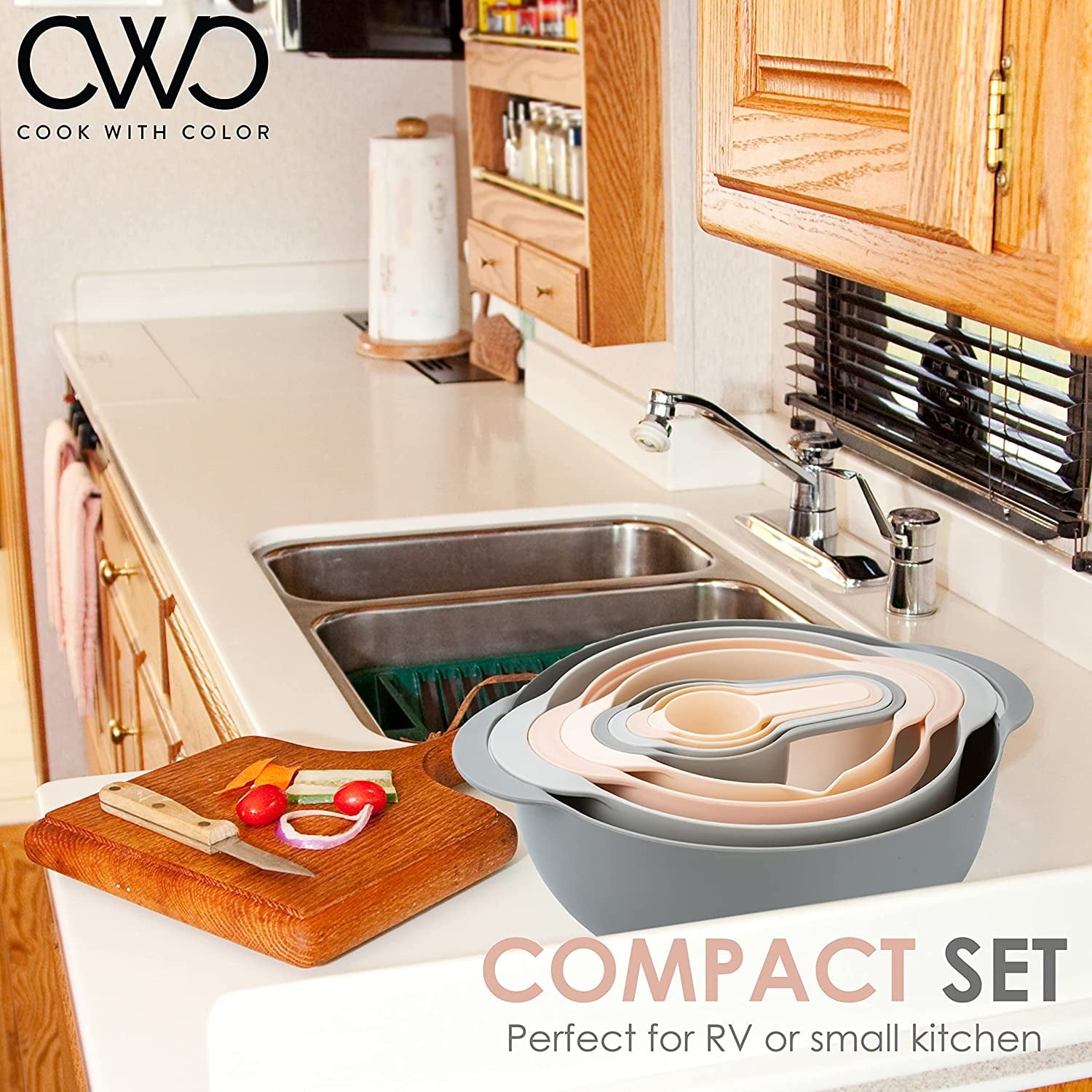 Cook with Color 8 Piece Nesting Bowls with Measuring Cups Colander and Sifter Set - 2 Mixing Bowls, 1 Colander, 1 Sifter and 4 Measuring Cups