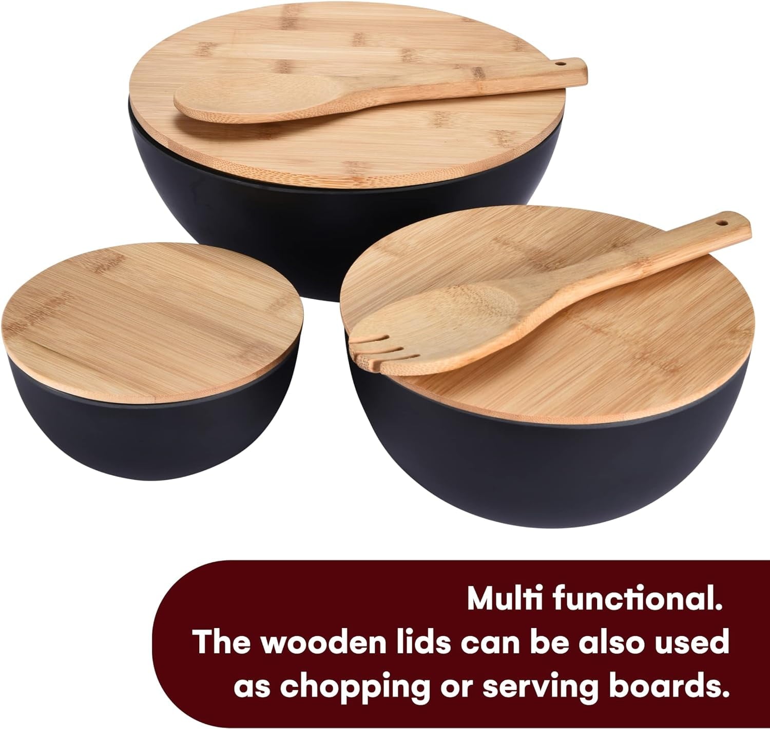 Vdomus Bamboo Fiber Salad Bowl Set with Wooden Lids - Perfect for Serving, Mixing, and Prepping Fruits, Pasta, Cheese, Ramen, Bread, and More!
