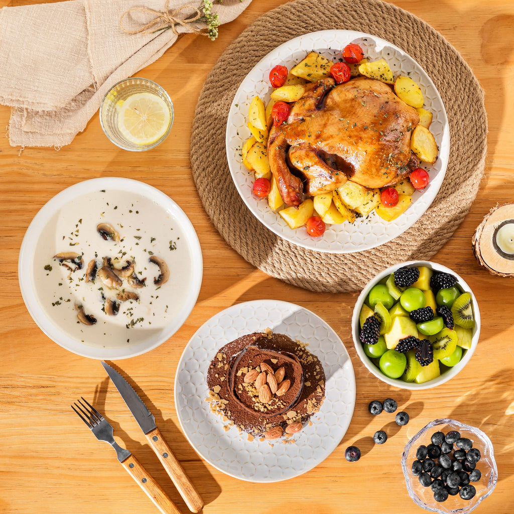 vancasso 16 Pieces Dinnerware Sets, Stoneware Plates and Bowls Set for 4, White Dish Set, Honeycomb Pattern