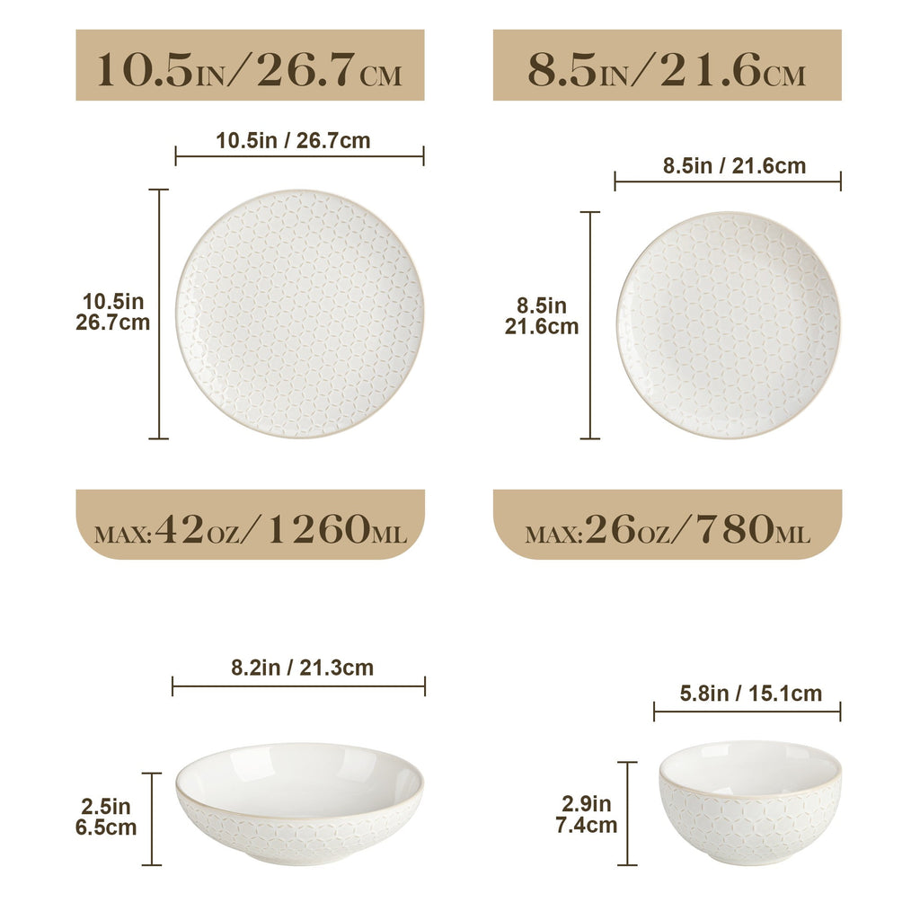 vancasso 16 Pieces Dinnerware Sets, Stoneware Plates and Bowls Set for 4, White Dish Set, Honeycomb Pattern
