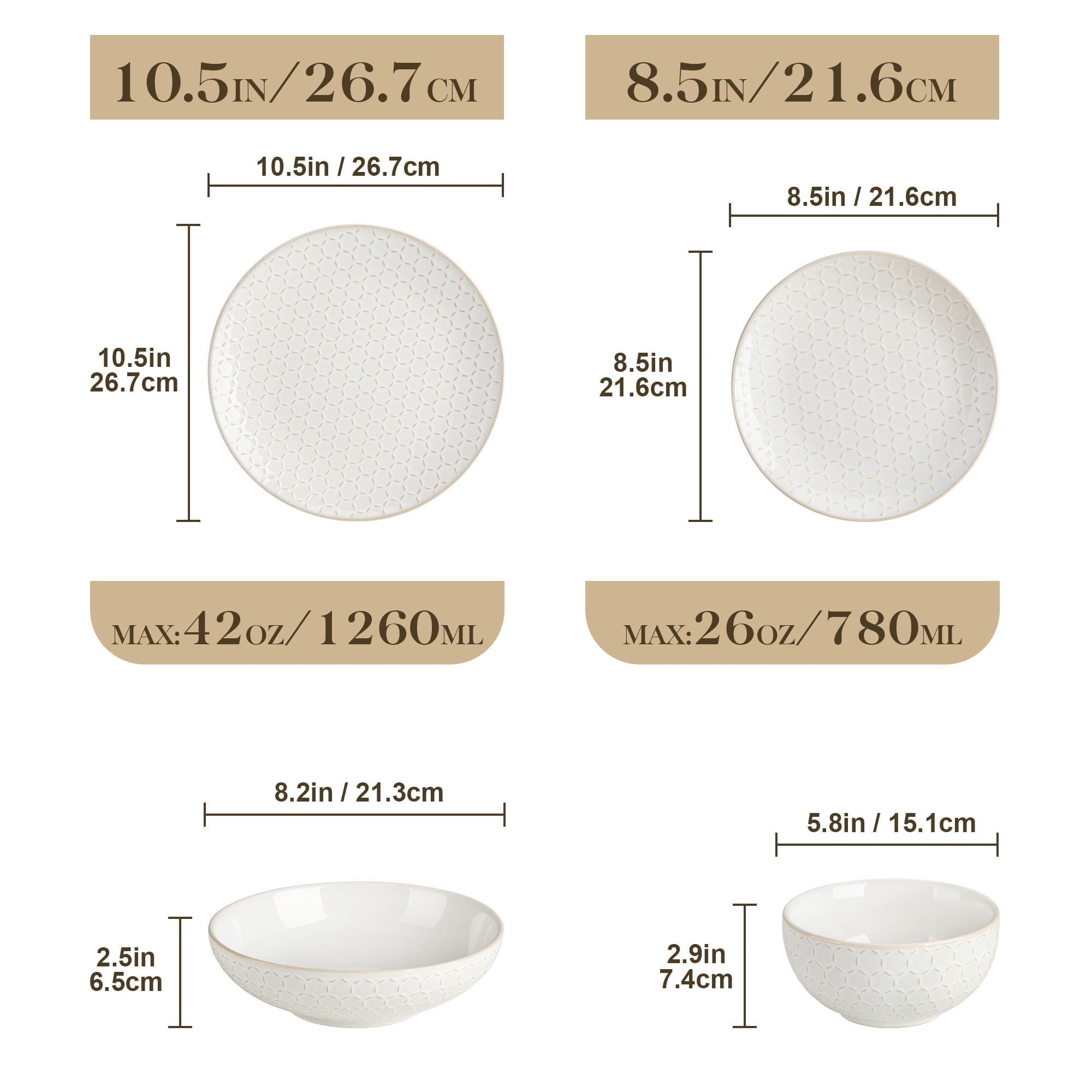 vancasso 16 Pieces Dinnerware Sets, Stoneware Plates and Bowls Set for 4, White Dish Set, Honeycomb Pattern