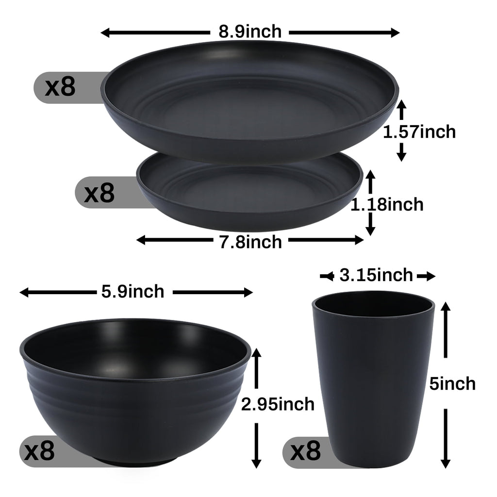 Soulgenix Wheat Straw Dinnerware Sets 32 Pcs, Dinnerware Sets for 8, Unbreakable Microwave Safe, Black