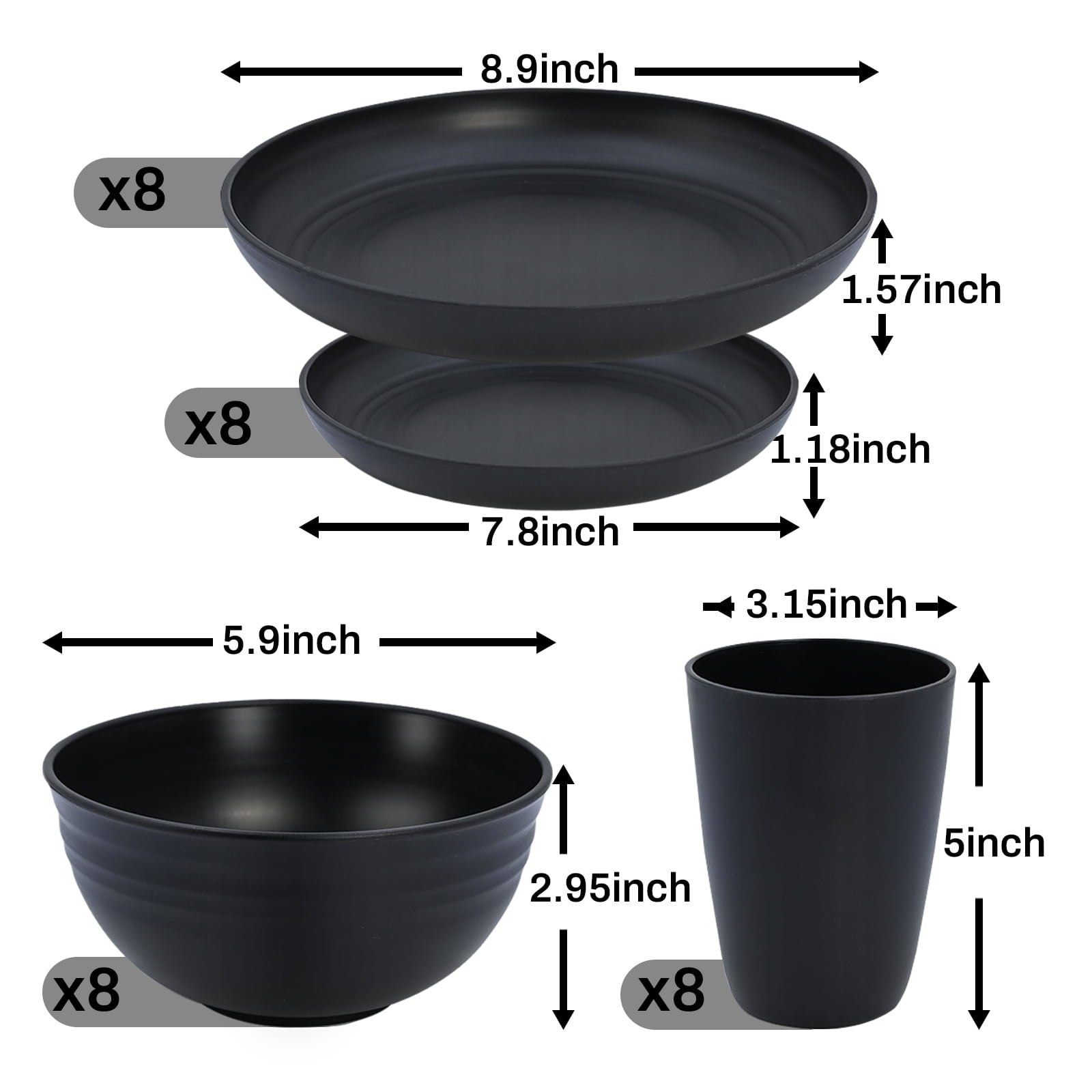 Soulgenix Wheat Straw Dinnerware Sets 32 Pcs, Dinnerware Sets for 8, Unbreakable Microwave Safe, Black