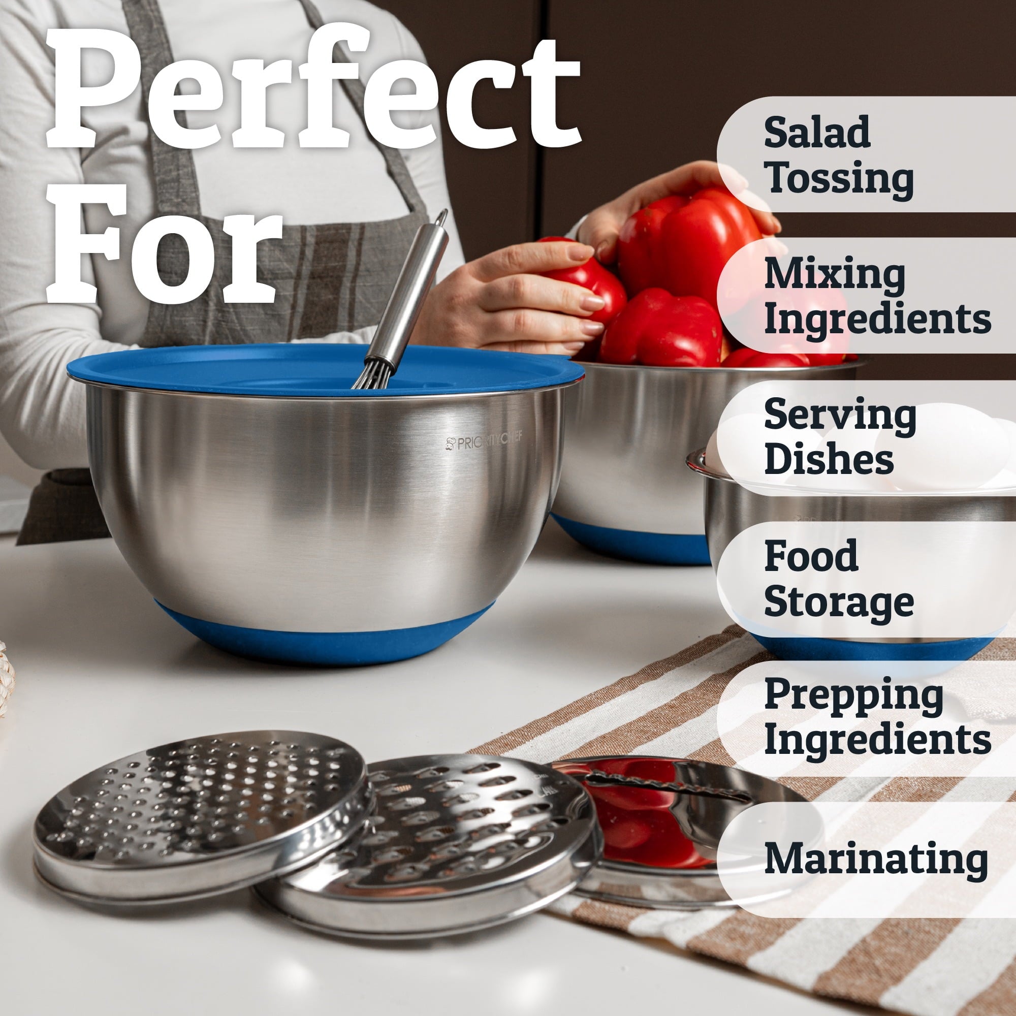Priority Chef Stainless Steel Mixing Bowls with Lids Set, 3 Grater Attachments Mixing Bowls, Blue
