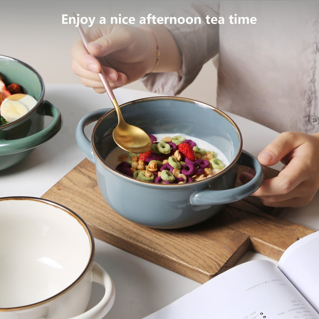 ALOFMO 28 oz Ceramic Stoneware Soup Bowl Set of 4 with Handle for Kitchen & Restaurant, 4 Pieces Ceramic Bowls Set, Oven Safe, Microwave Dishwasher Safe