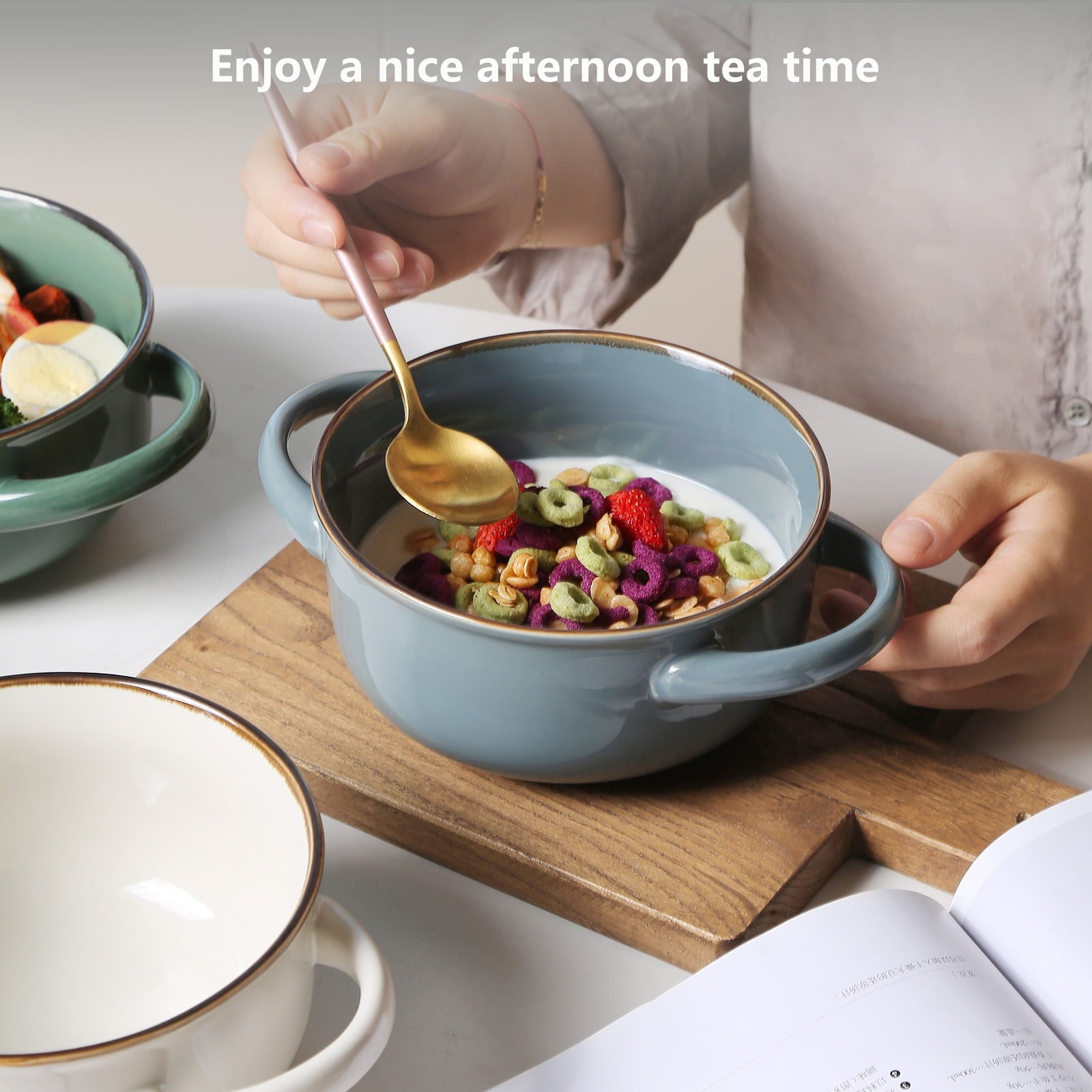 ALOFMO 28 oz Ceramic Stoneware Soup Bowl Set of 4 with Handle for Kitchen & Restaurant, 4 Pieces Ceramic Bowls Set, Oven Safe, Microwave Dishwasher Safe